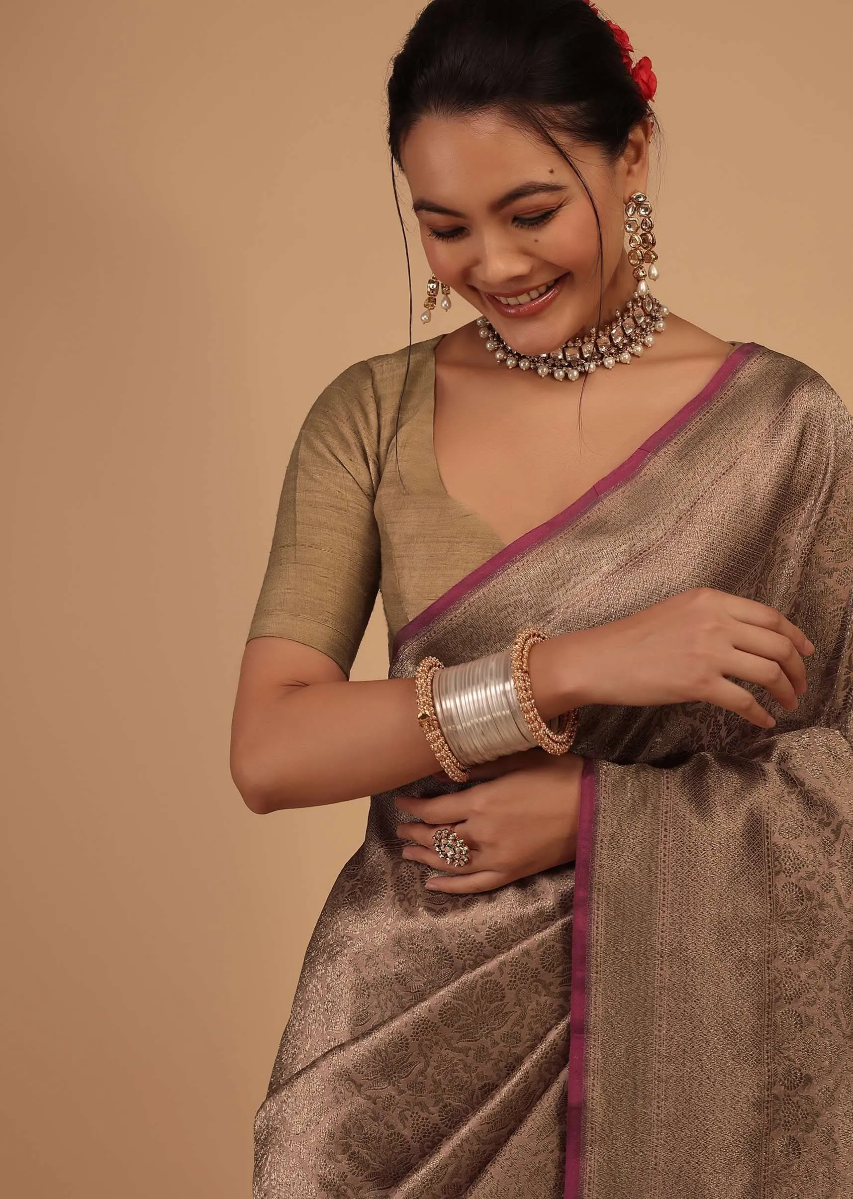 Ash Peach Saree In Pure Banarasi Silk With Upada Zari Weave Floral Jaal Work