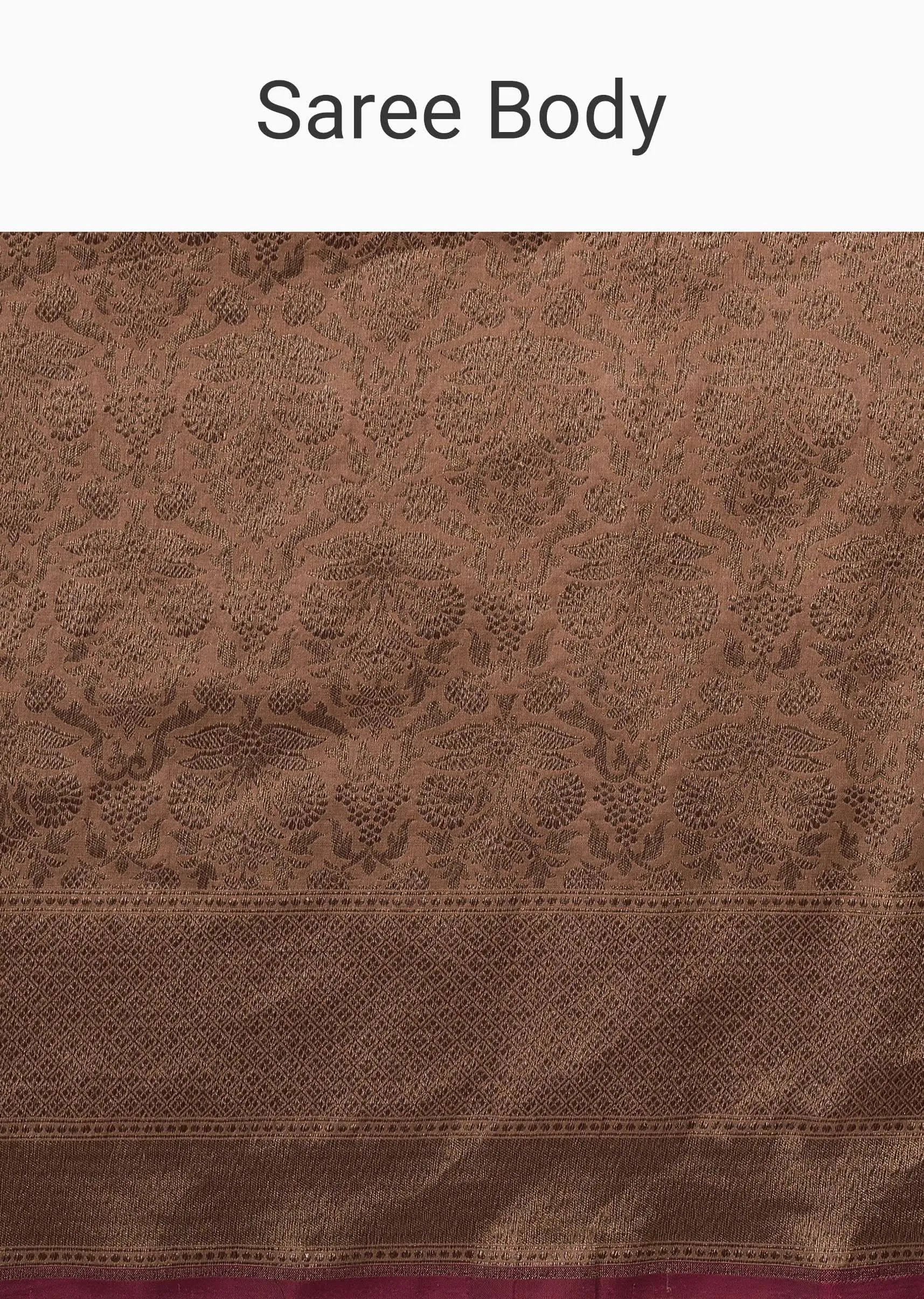 Ash Peach Saree In Pure Banarasi Silk With Upada Zari Weave Floral Jaal Work