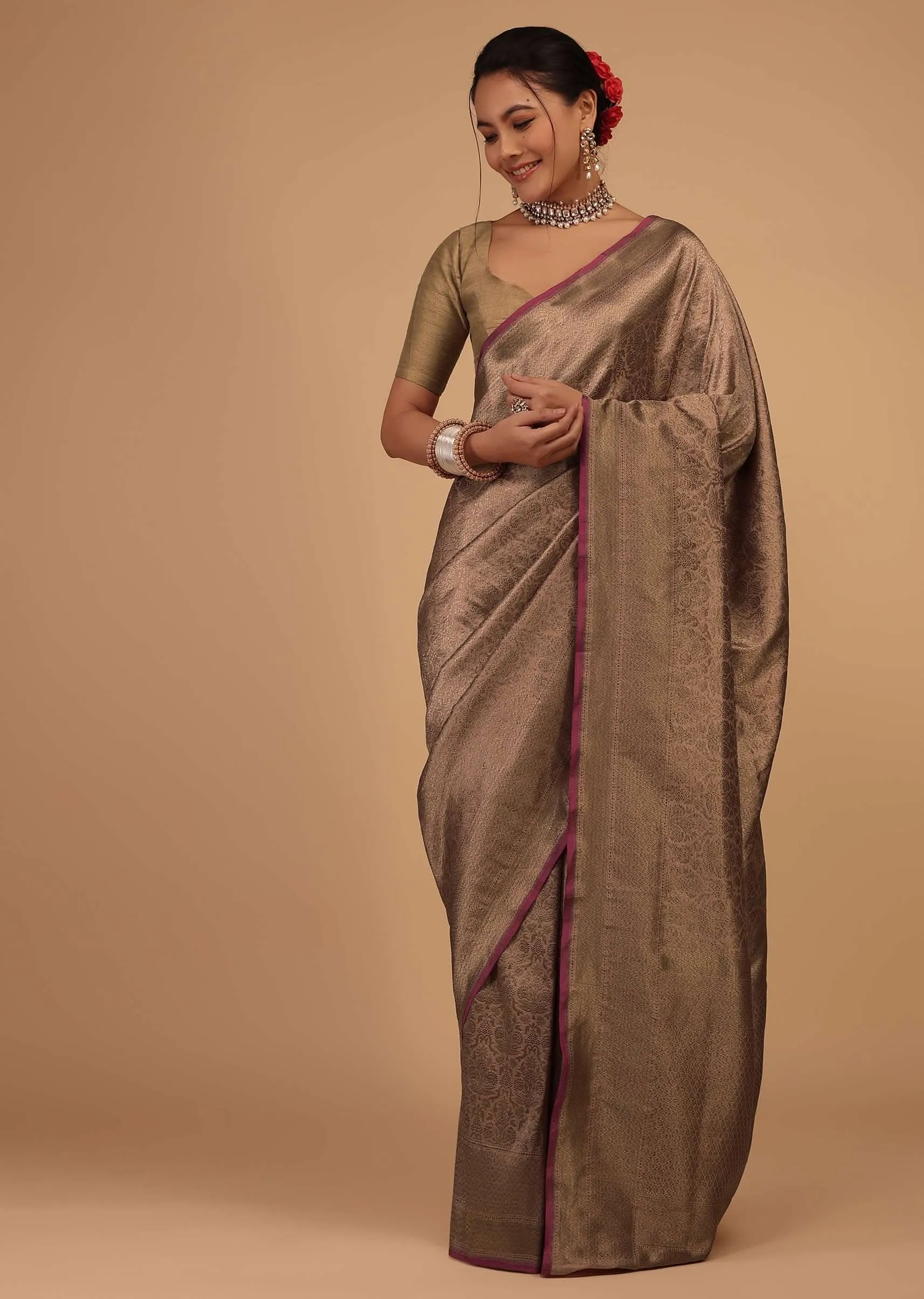 Ash Peach Saree In Pure Banarasi Silk With Upada Zari Weave Floral Jaal Work