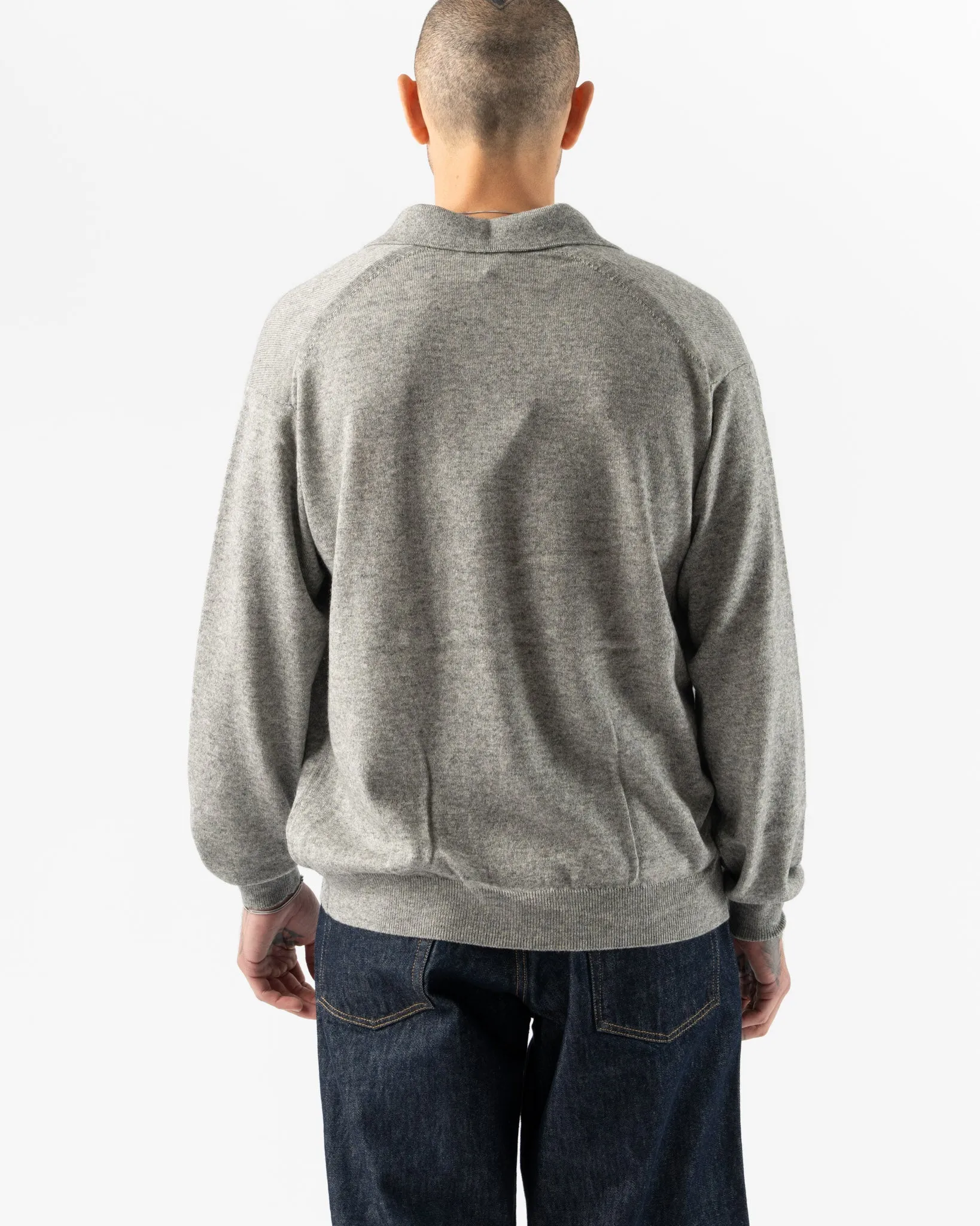 Auralee Mens Super Fine Cashmere Silk Knit Slipper Polo in Top Gray