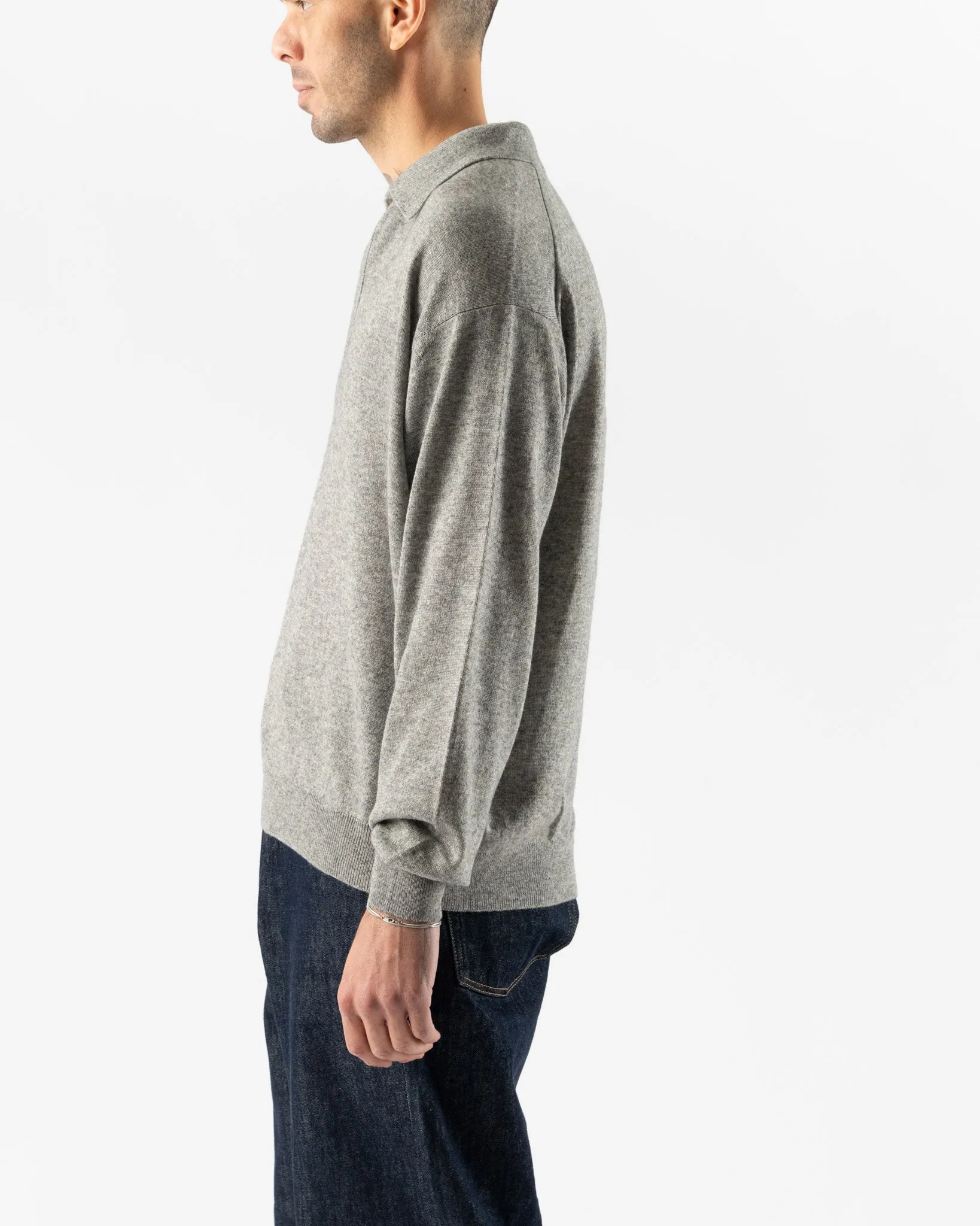 Auralee Mens Super Fine Cashmere Silk Knit Slipper Polo in Top Gray