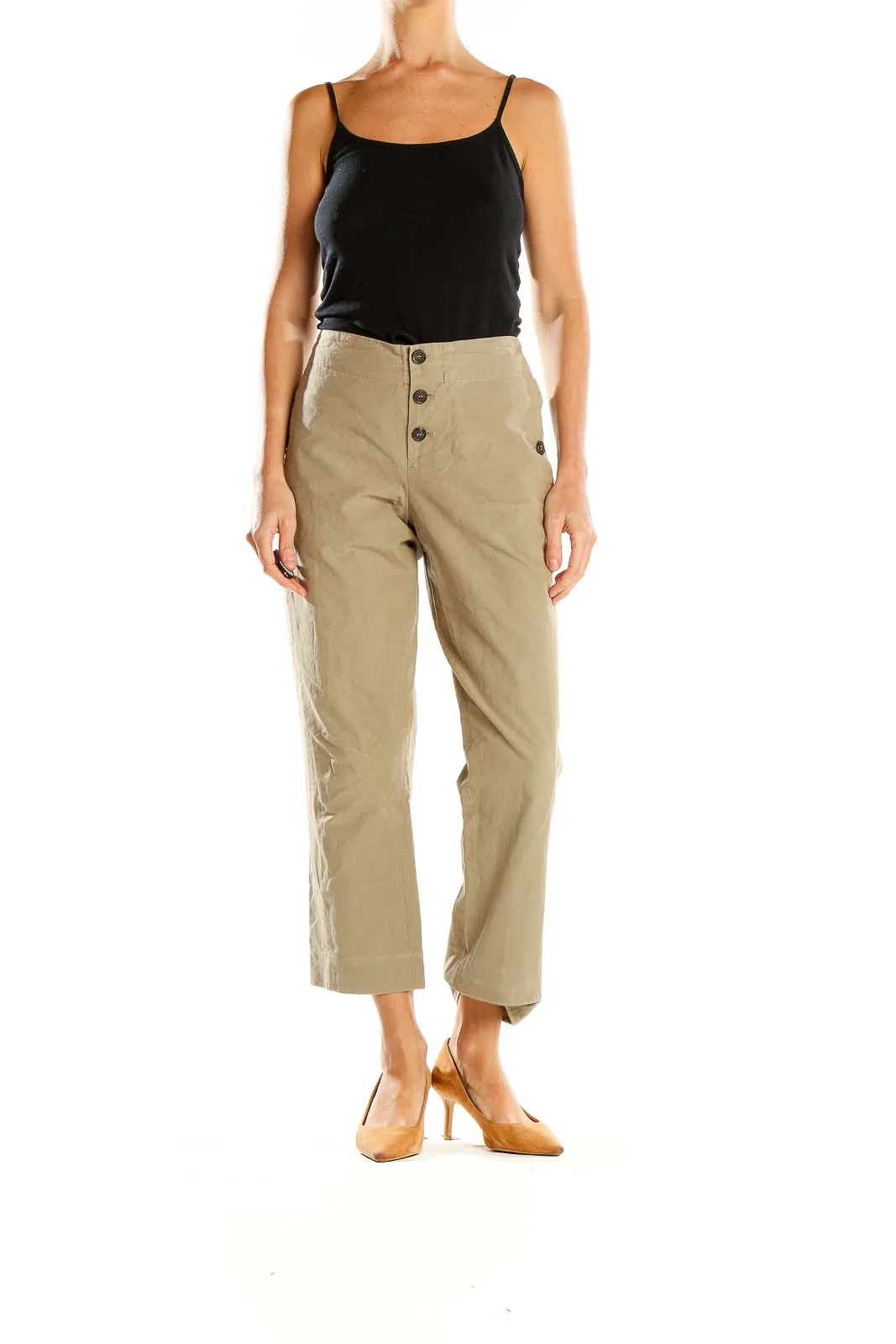 Beige Button-Front Wide-Leg Cropped Pants