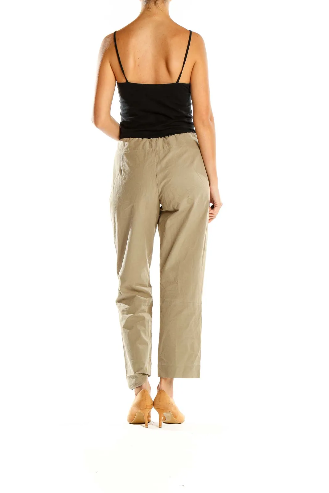 Beige Button-Front Wide-Leg Cropped Pants