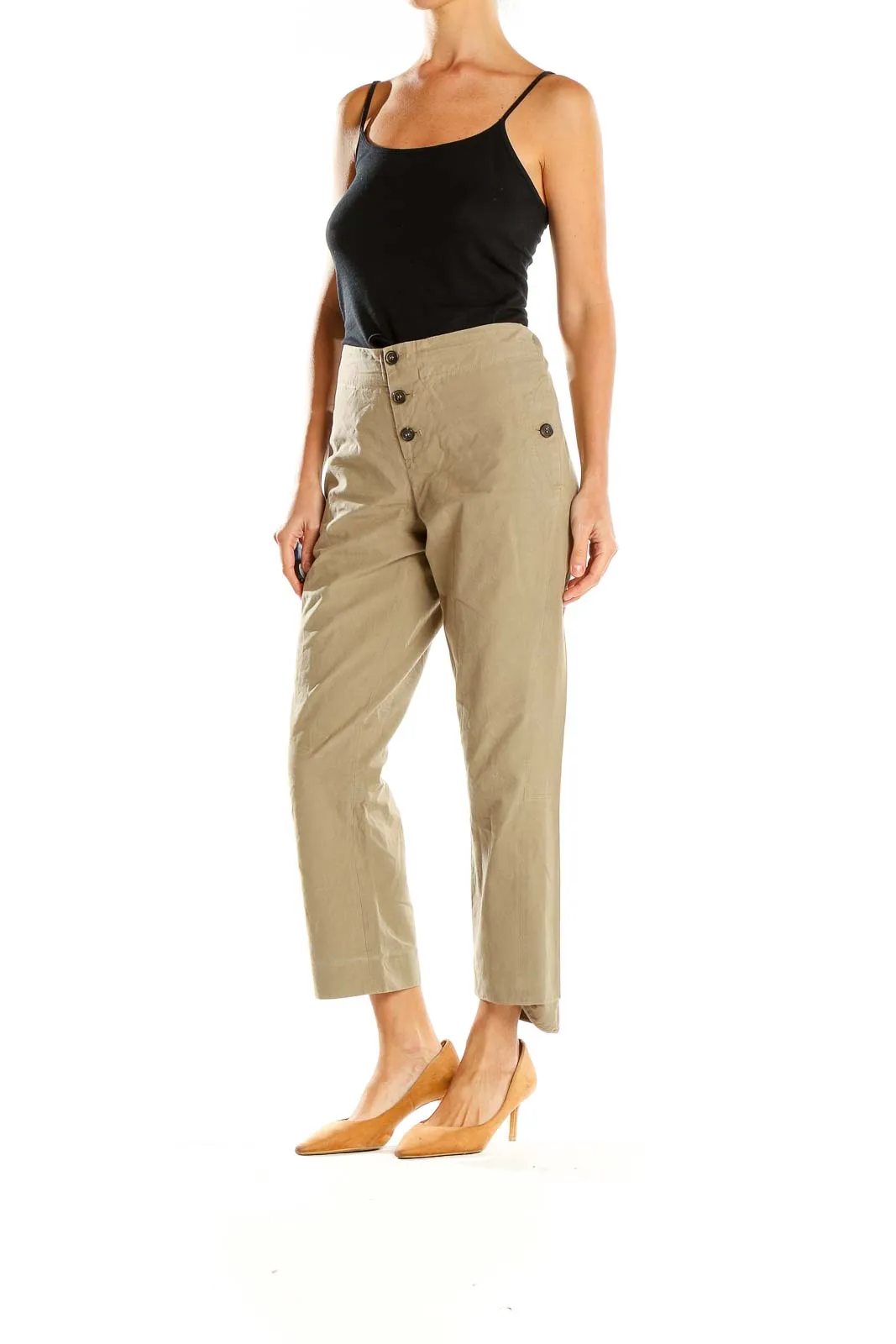 Beige Button-Front Wide-Leg Cropped Pants