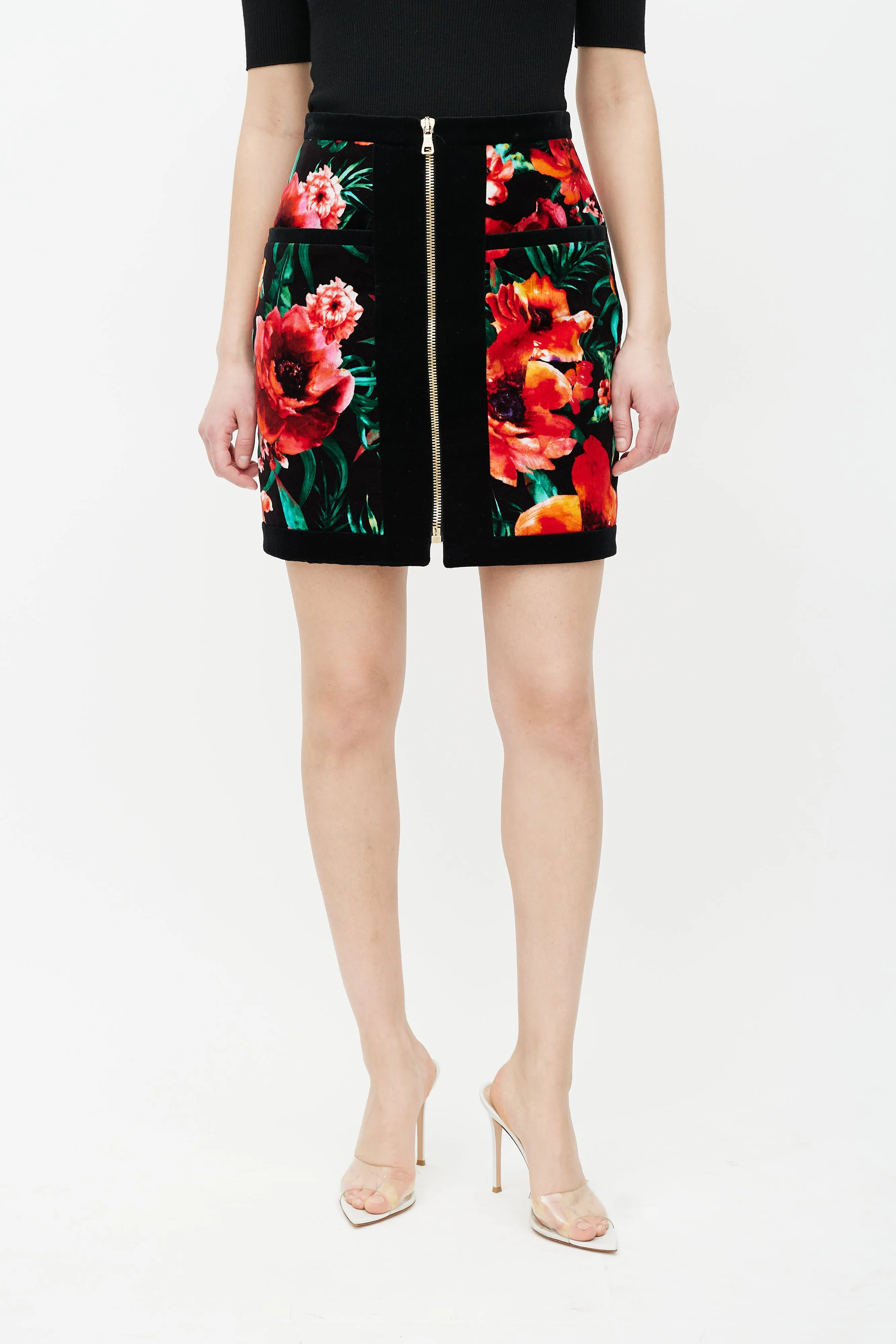 Black & Multicolour Velour Floral Skirt