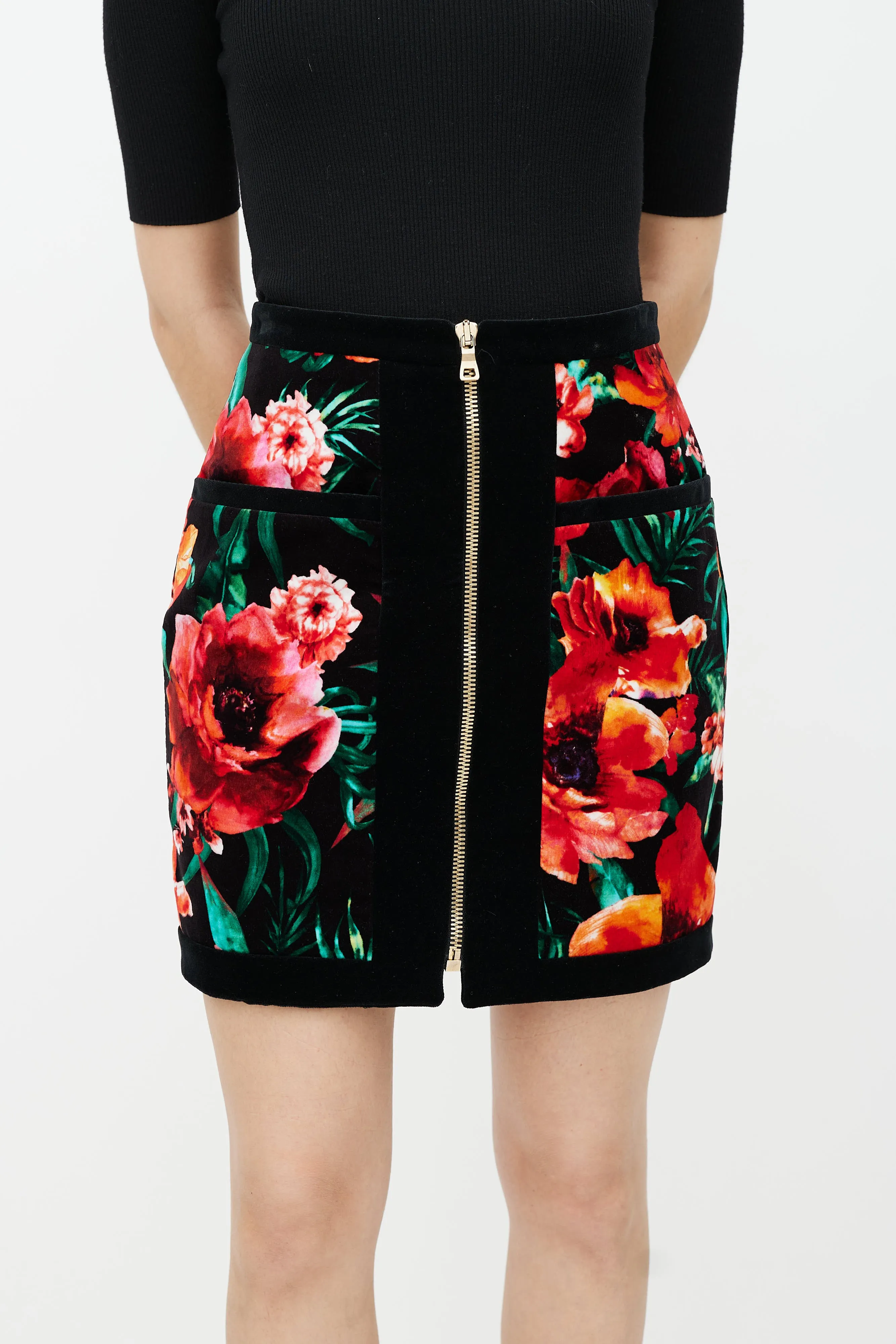 Black & Multicolour Velour Floral Skirt