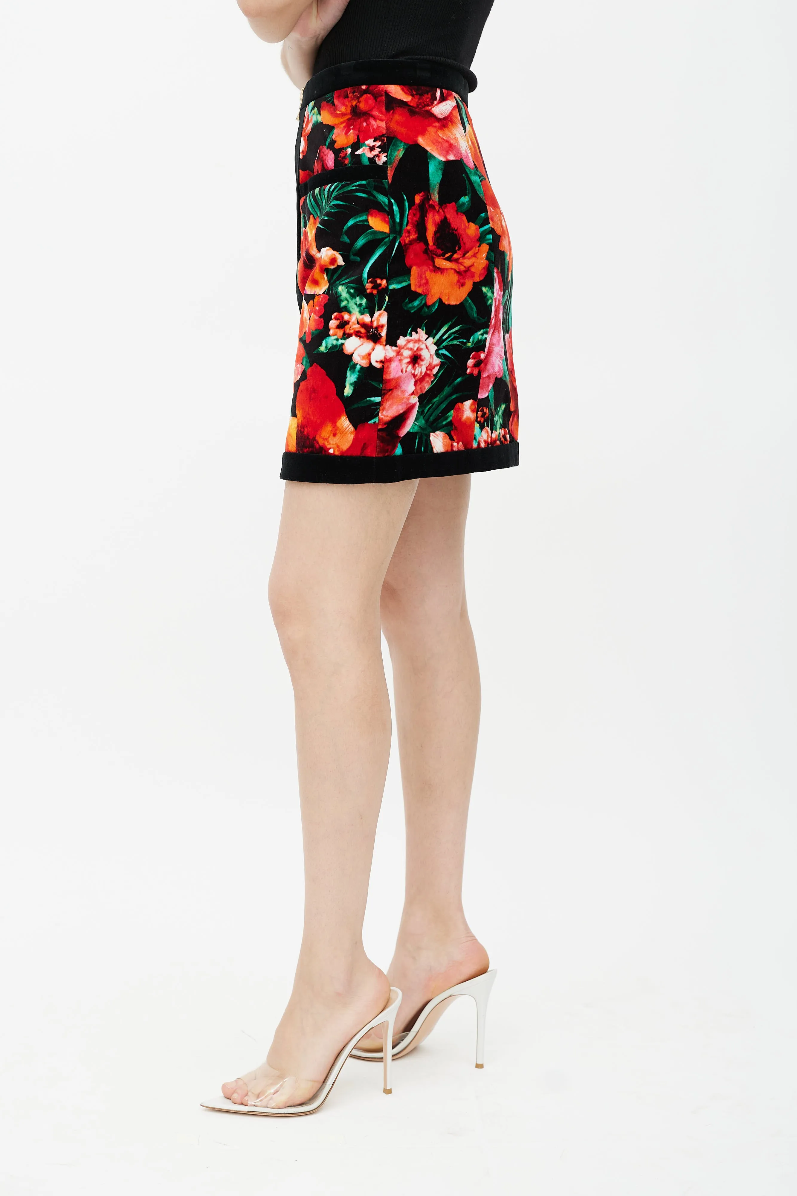 Black & Multicolour Velour Floral Skirt