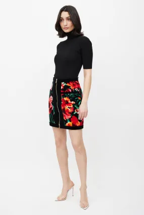 Black & Multicolour Velour Floral Skirt