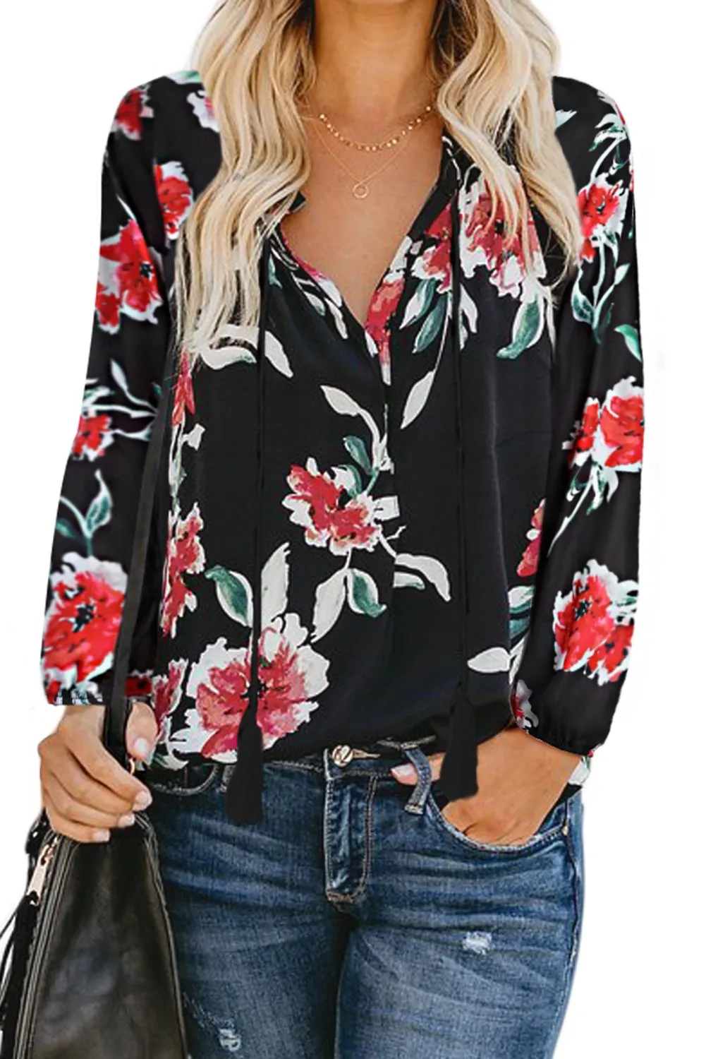 Black Floral Print Peasant Long Sleeve Blouse