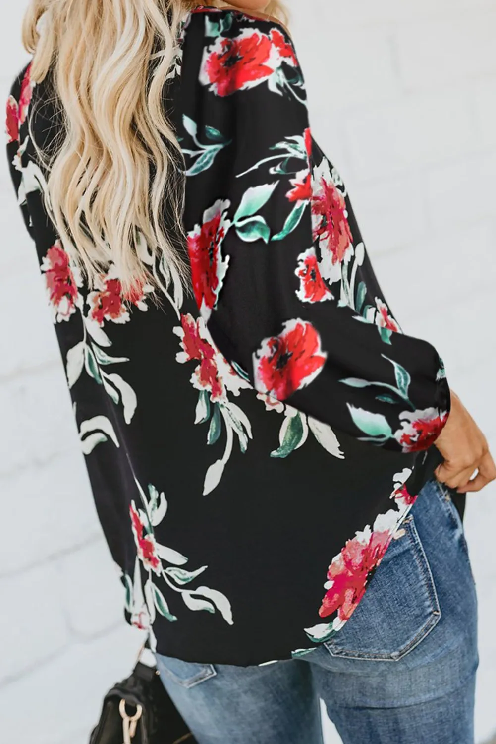 Black Floral Print Peasant Long Sleeve Blouse