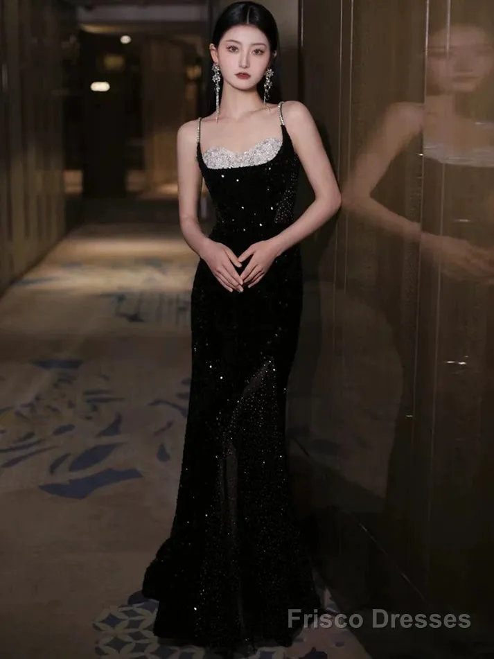 Black Sexy Mermaid Spaghetti Straps Sequin Long Prom Dresses