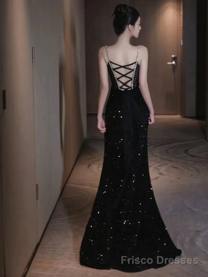 Black Sexy Mermaid Spaghetti Straps Sequin Long Prom Dresses