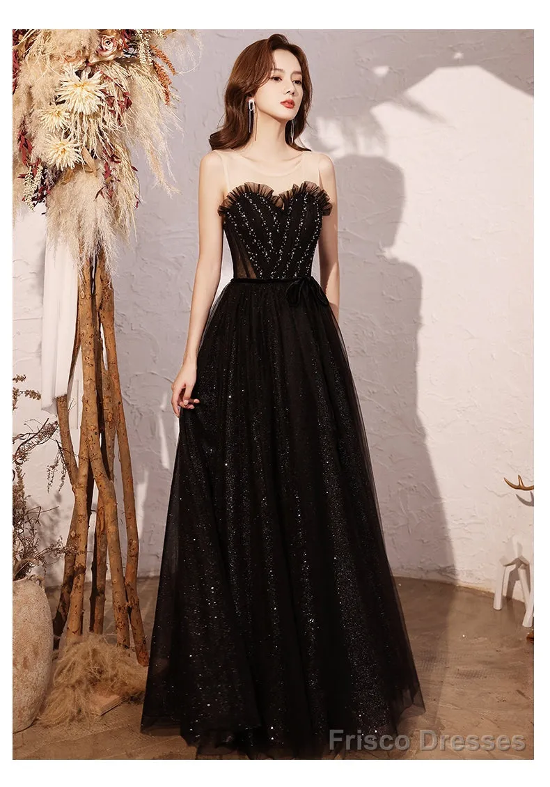 Black Sweetheart Neck Tulle Sequin Beads Long Prom Dress