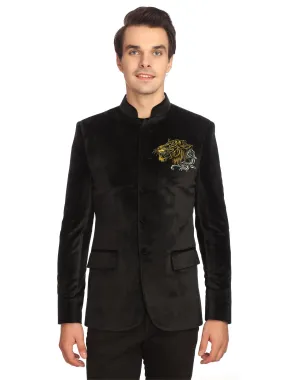 Black Velvet Bandhgala with Gold Embroidery