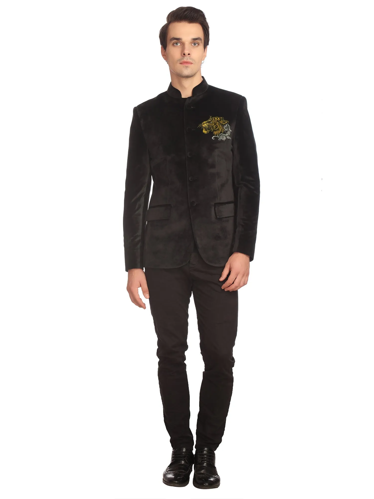 Black Velvet Bandhgala with Gold Embroidery