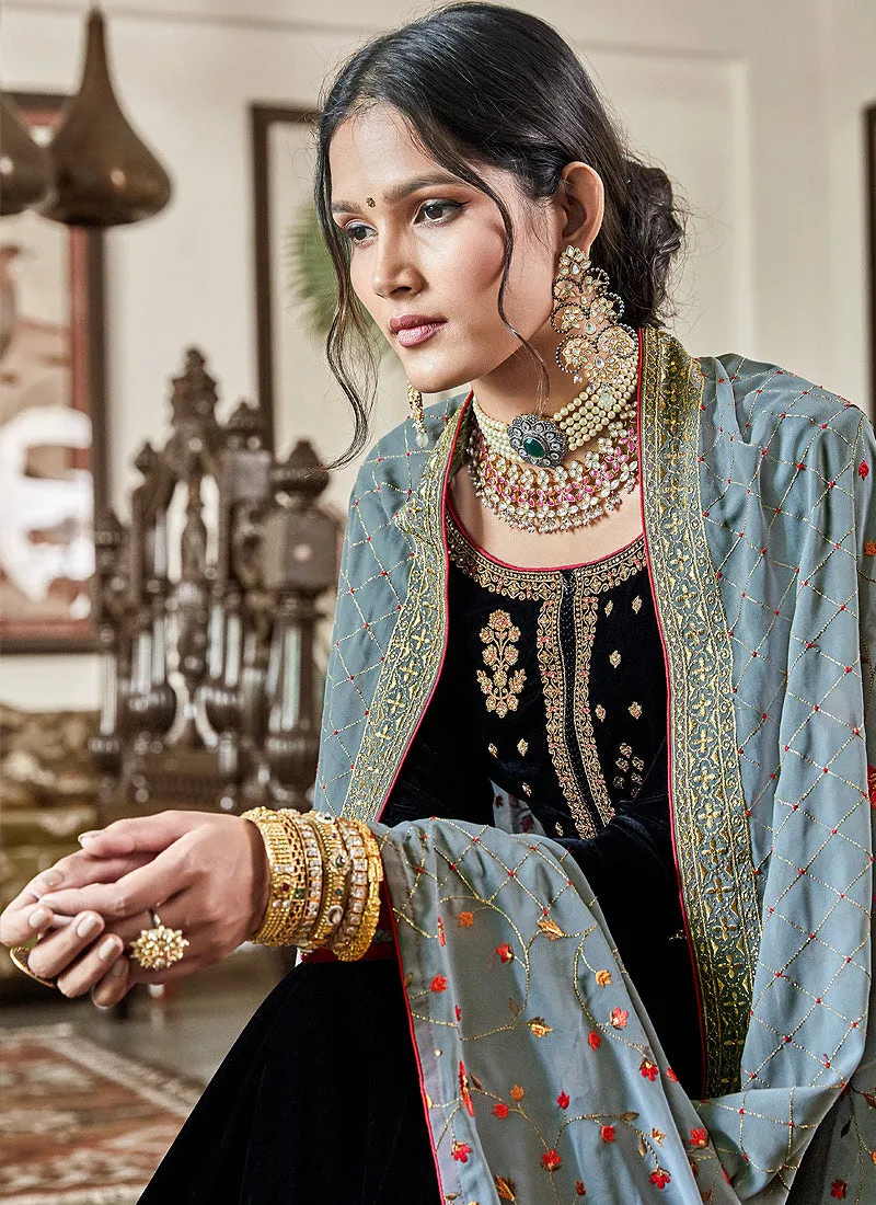 Black Velvet Embroidered Palazzo Suit