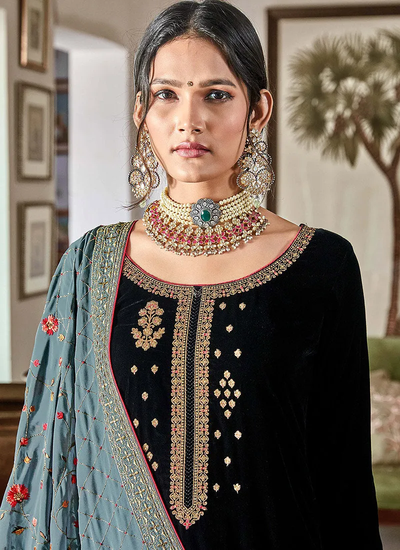 Black Velvet Embroidered Palazzo Suit