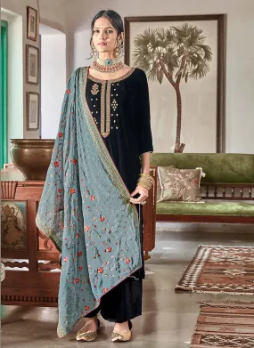 Black Velvet Embroidered Palazzo Suit