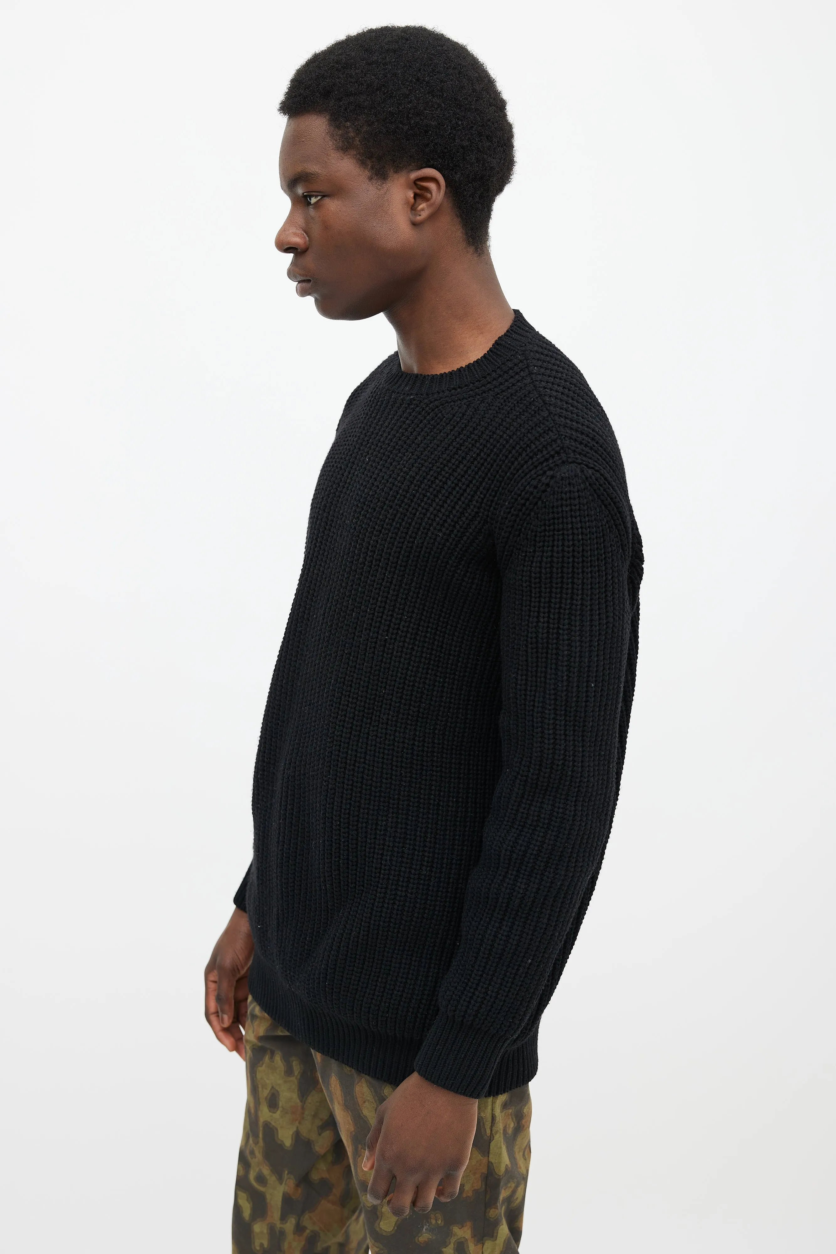 Black Wool & Cashmere Knit Fisherman Sweater
