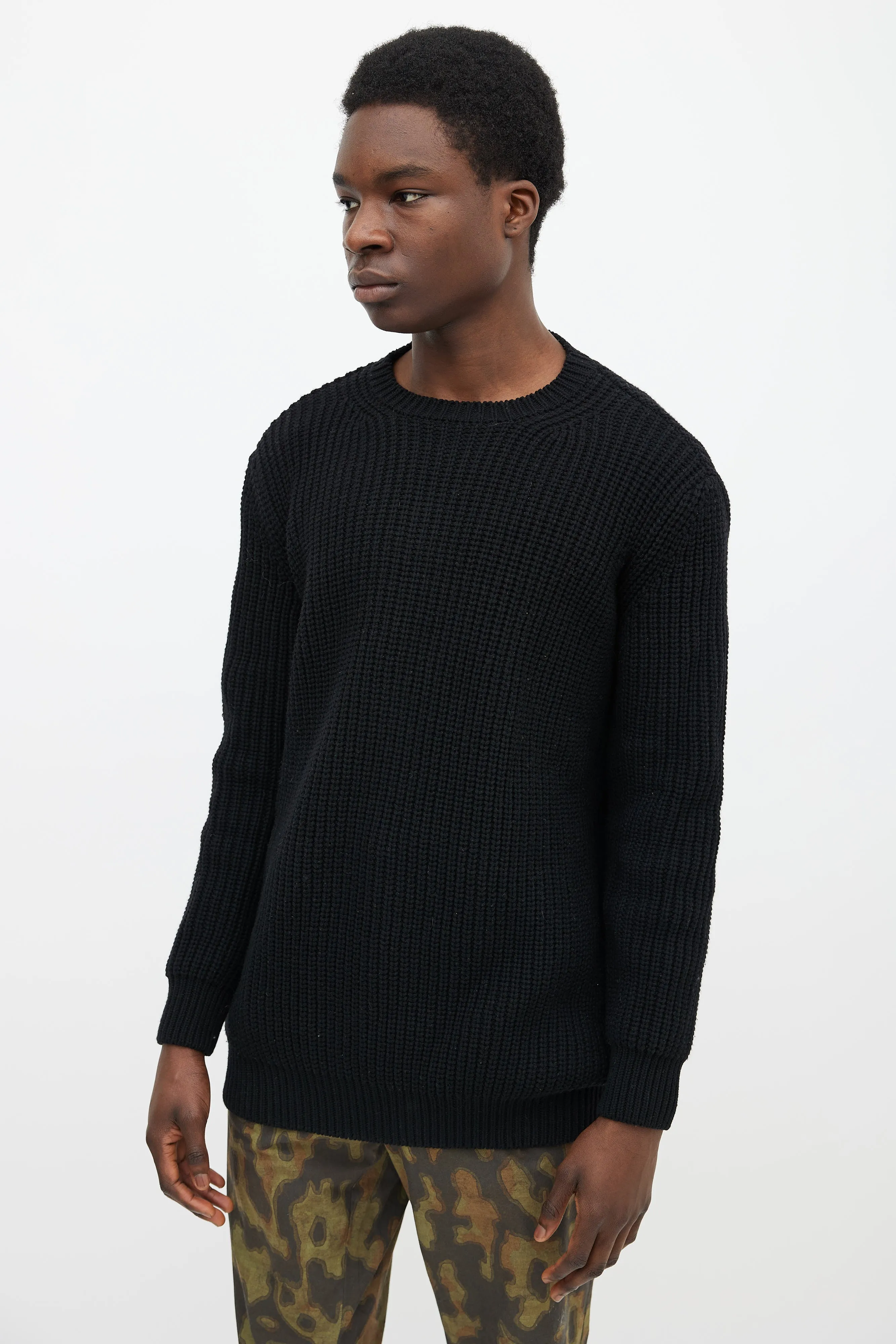 Black Wool & Cashmere Knit Fisherman Sweater