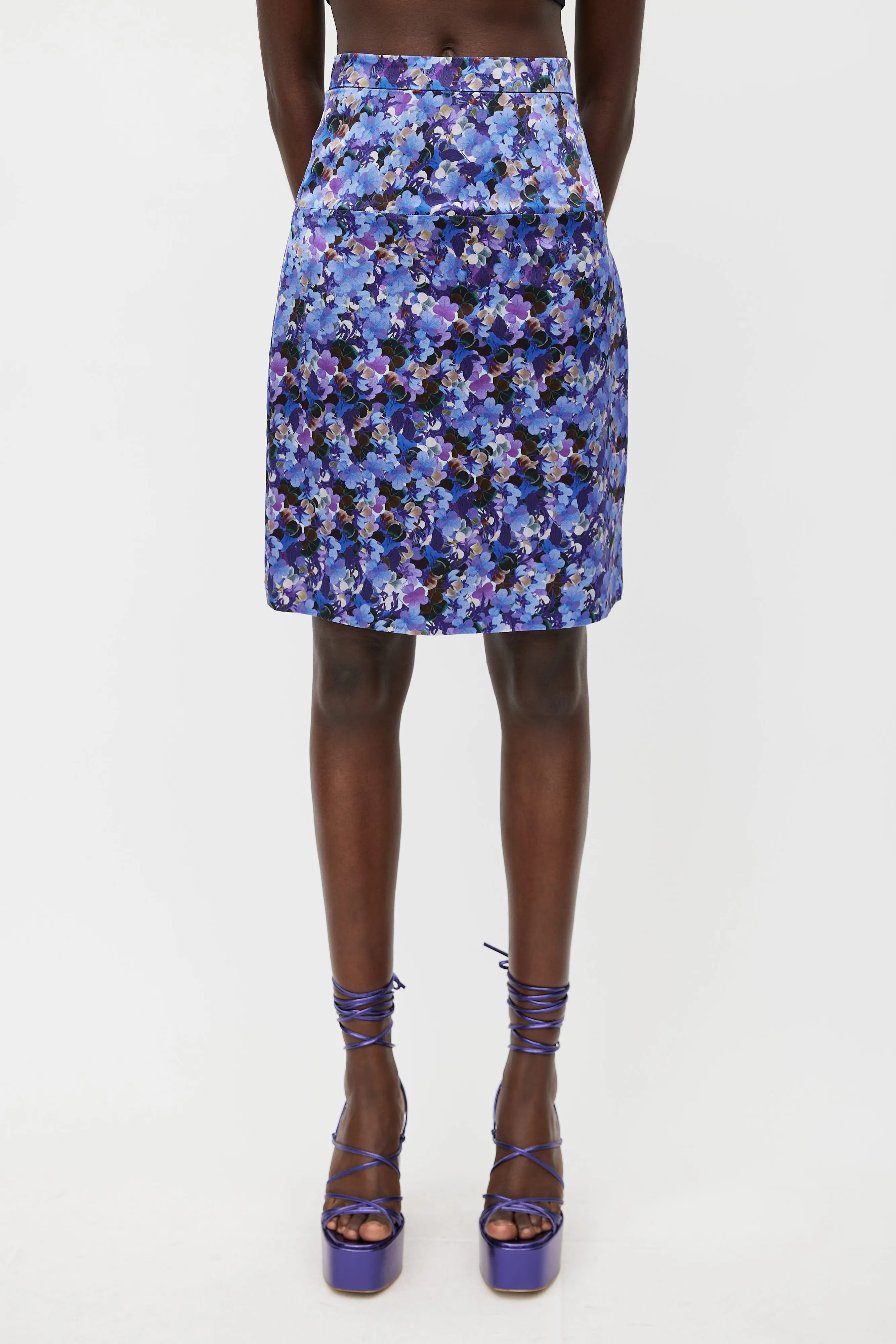 Blue & Multicolour Floral Silk Skirt