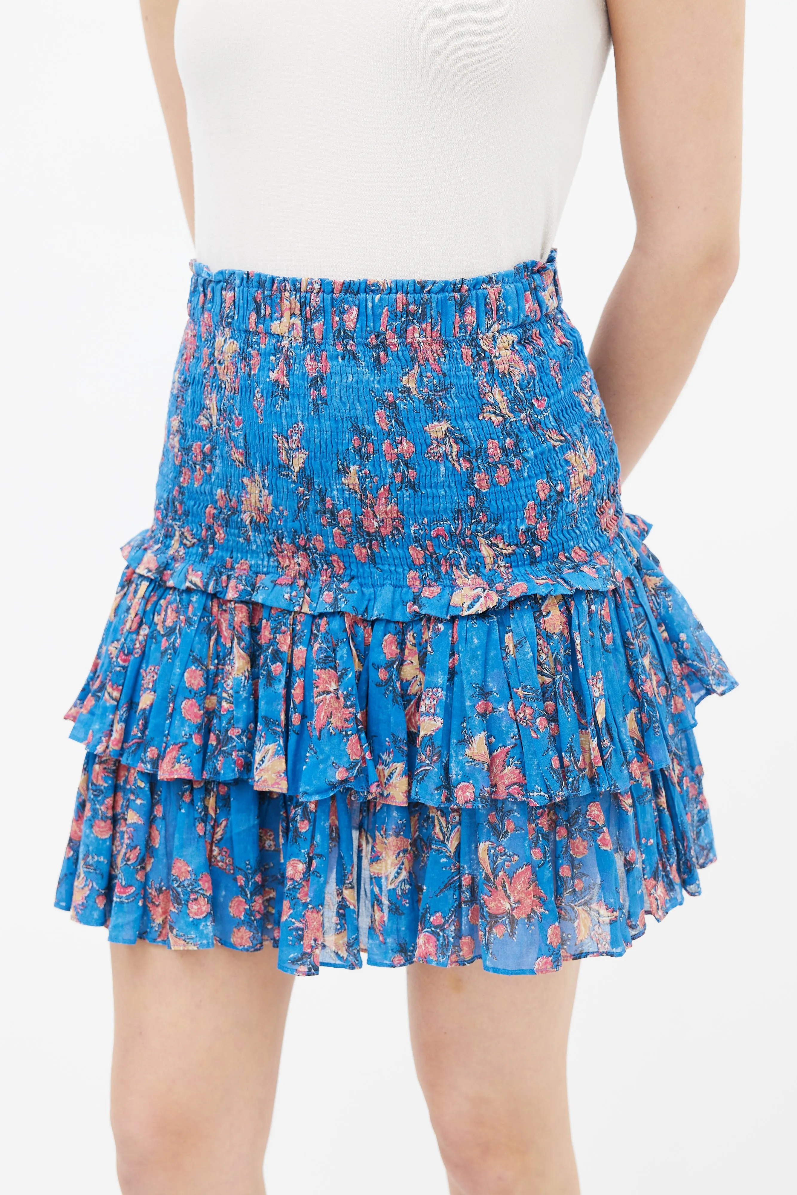 Blue Floral Print Tiered Skirt
