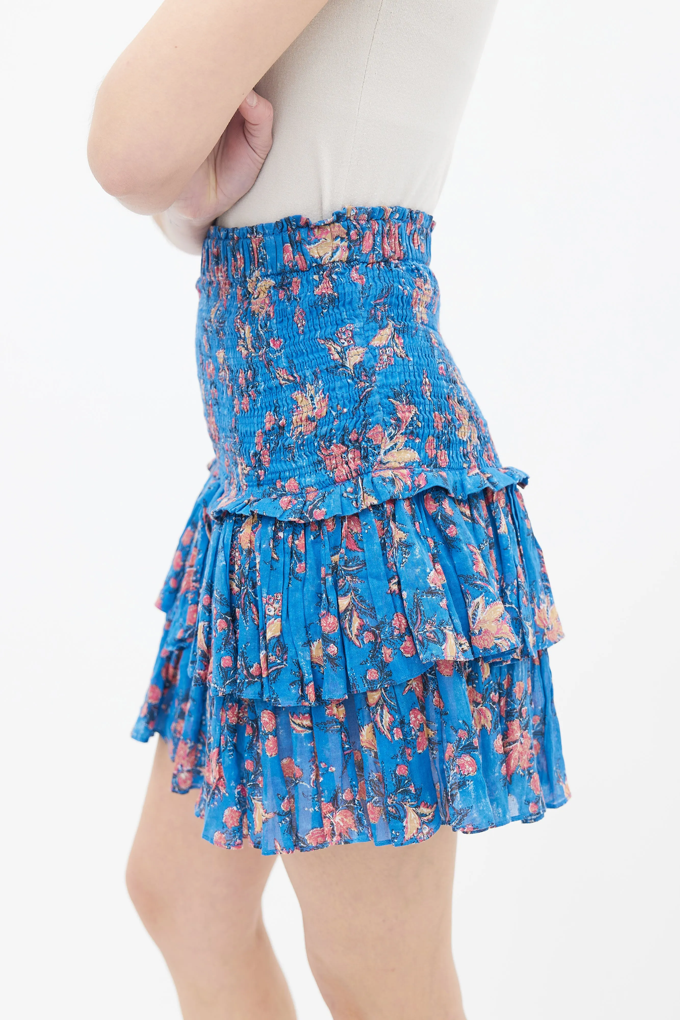 Blue Floral Print Tiered Skirt
