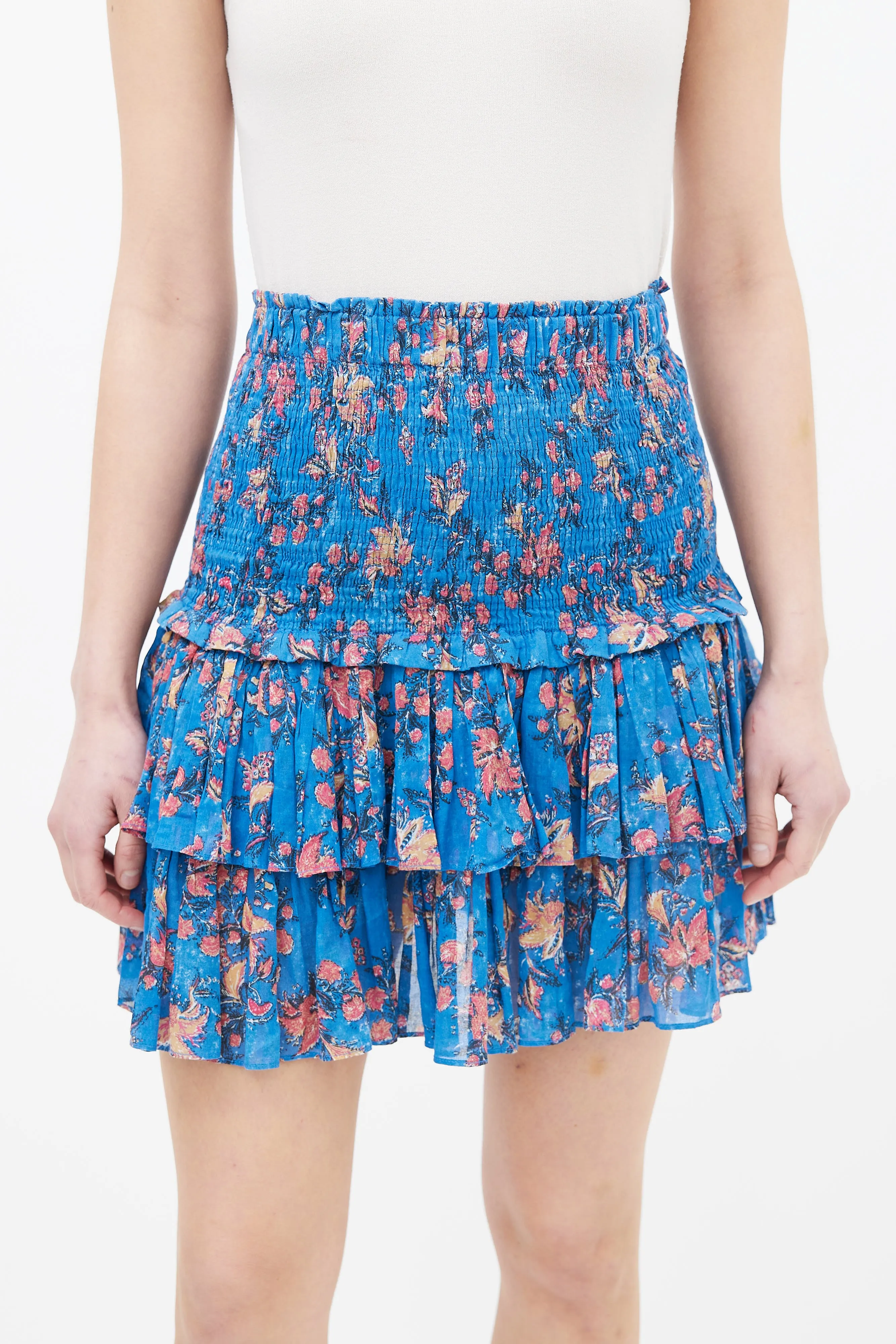 Blue Floral Print Tiered Skirt