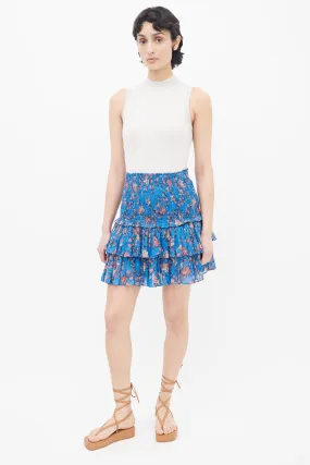 Blue Floral Print Tiered Skirt