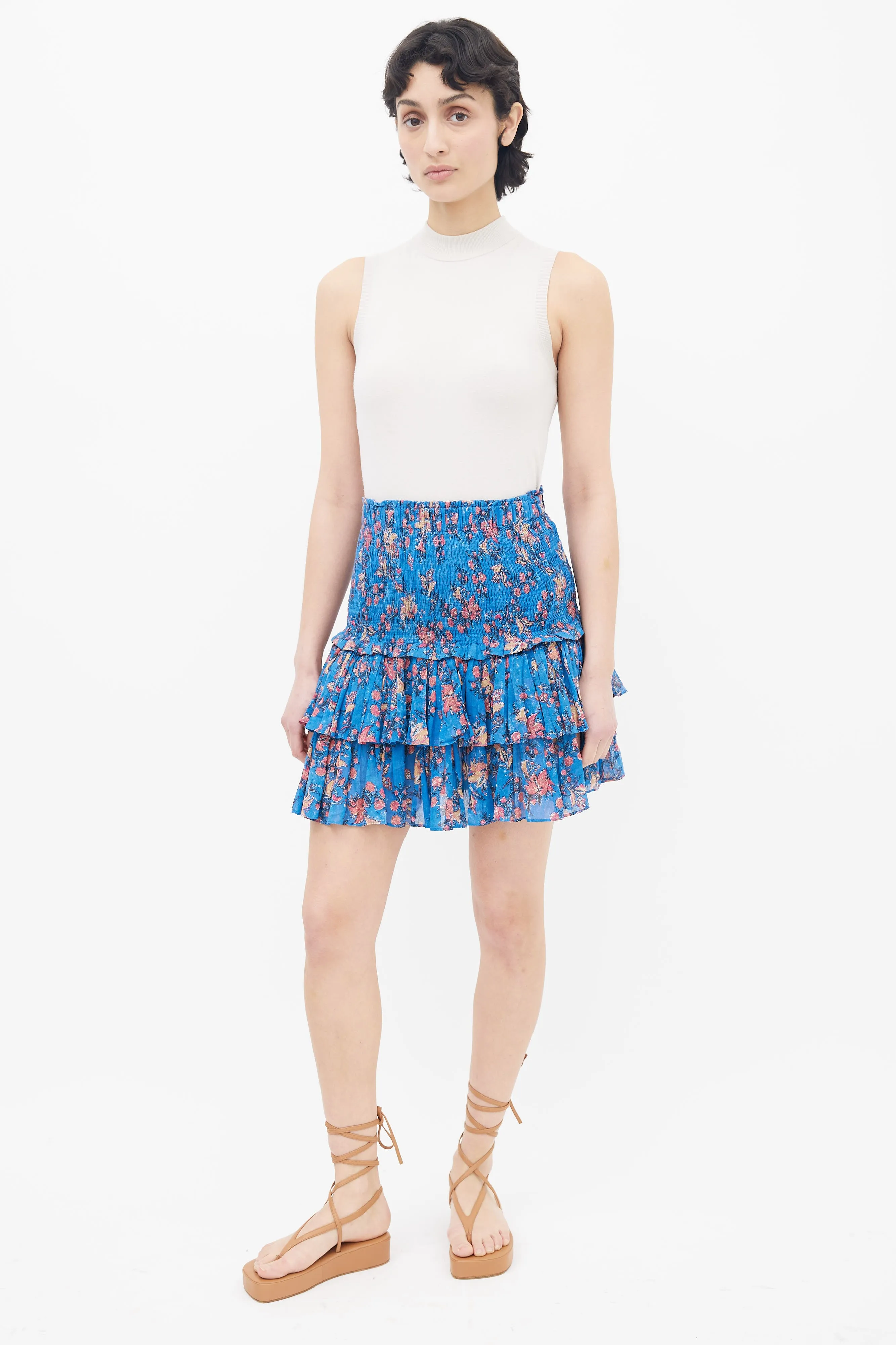 Blue Floral Print Tiered Skirt