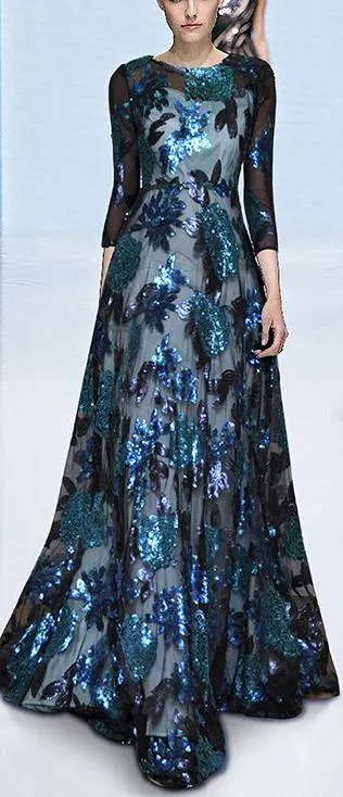 Blue Sequin-Embellished Gown