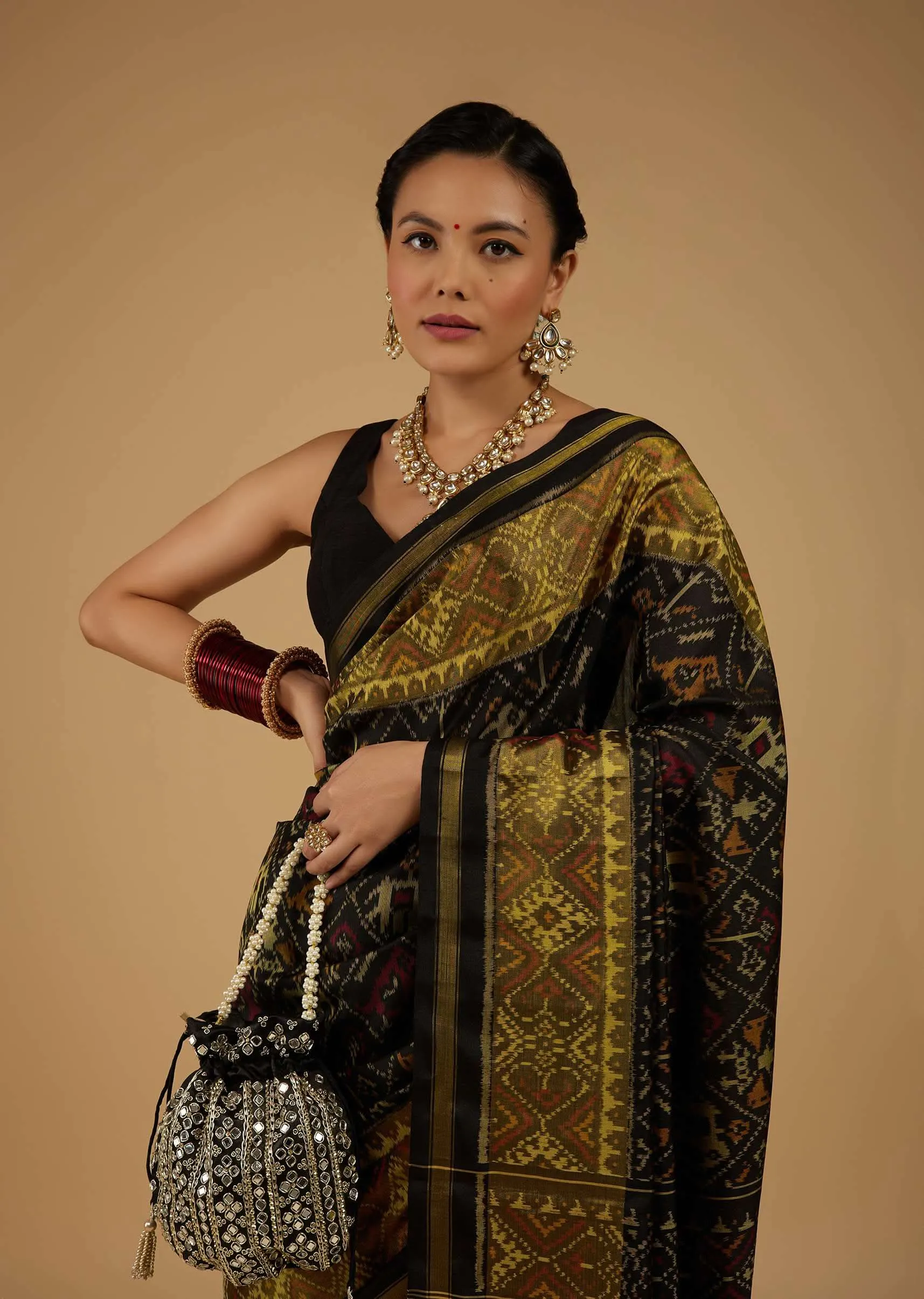 Bright Moss Green & Black Saree In Pure Silk Tissue With Ikat Weave & Zari Patola Work