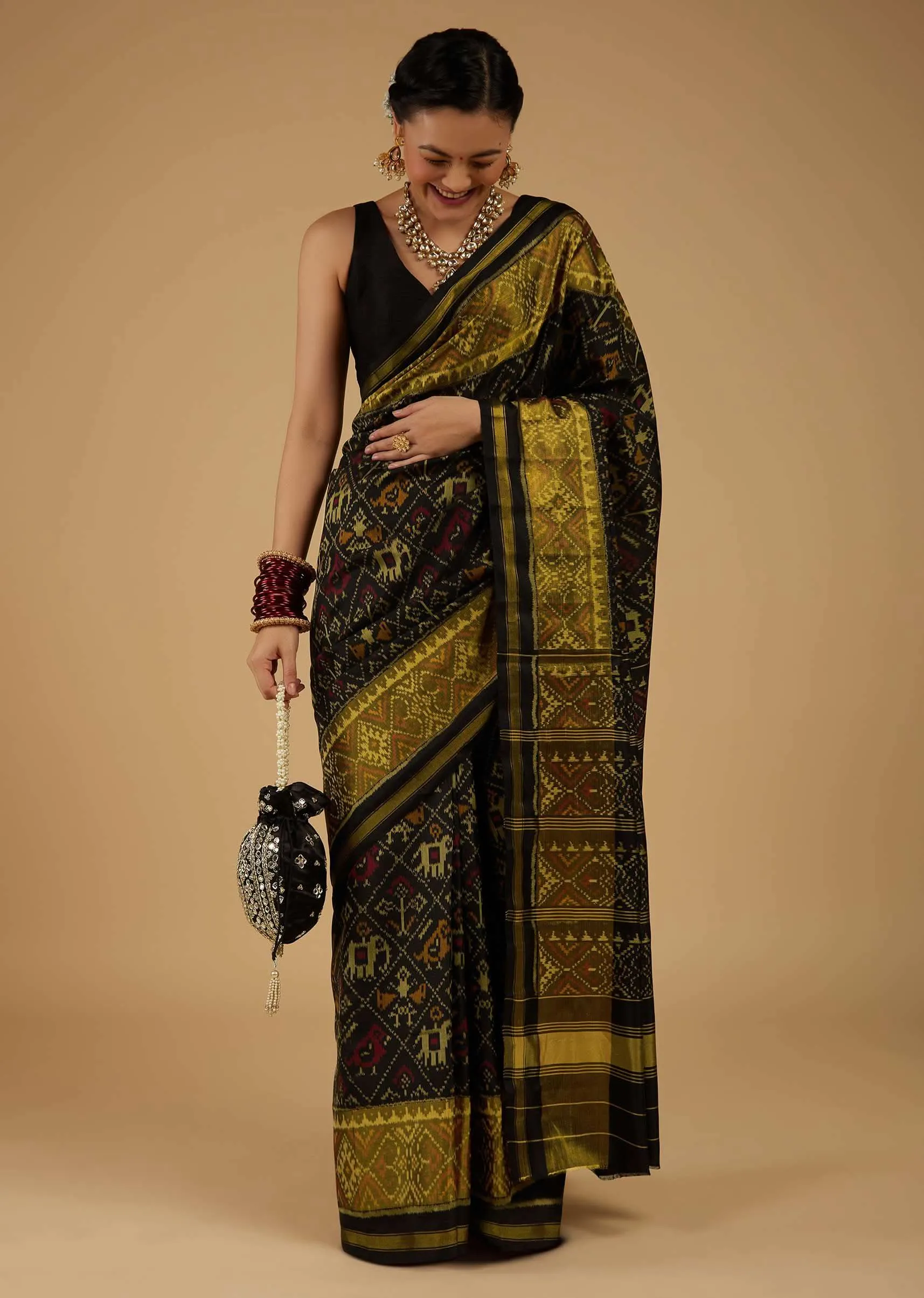 Bright Moss Green & Black Saree In Pure Silk Tissue With Ikat Weave & Zari Patola Work