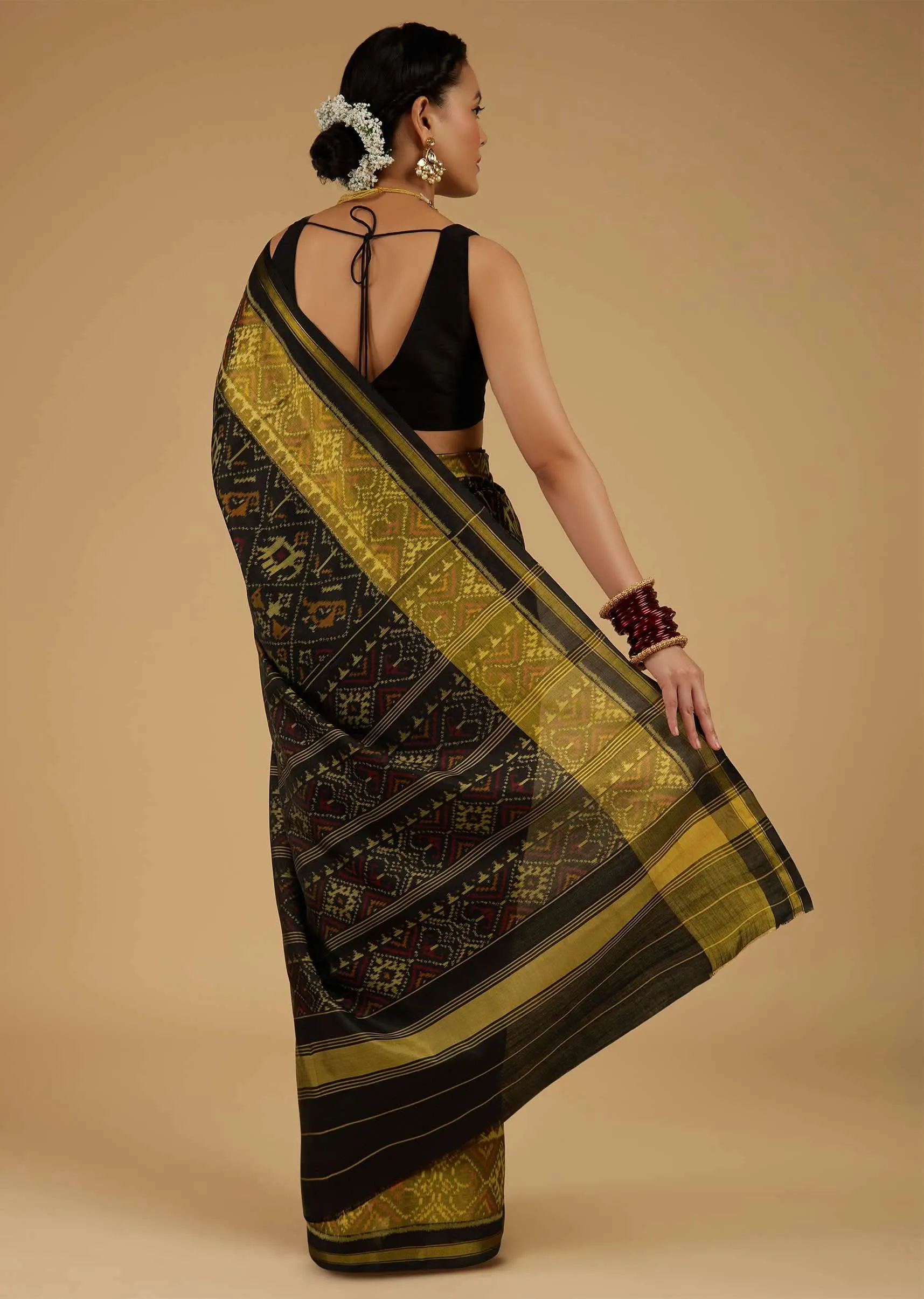 Bright Moss Green & Black Saree In Pure Silk Tissue With Ikat Weave & Zari Patola Work