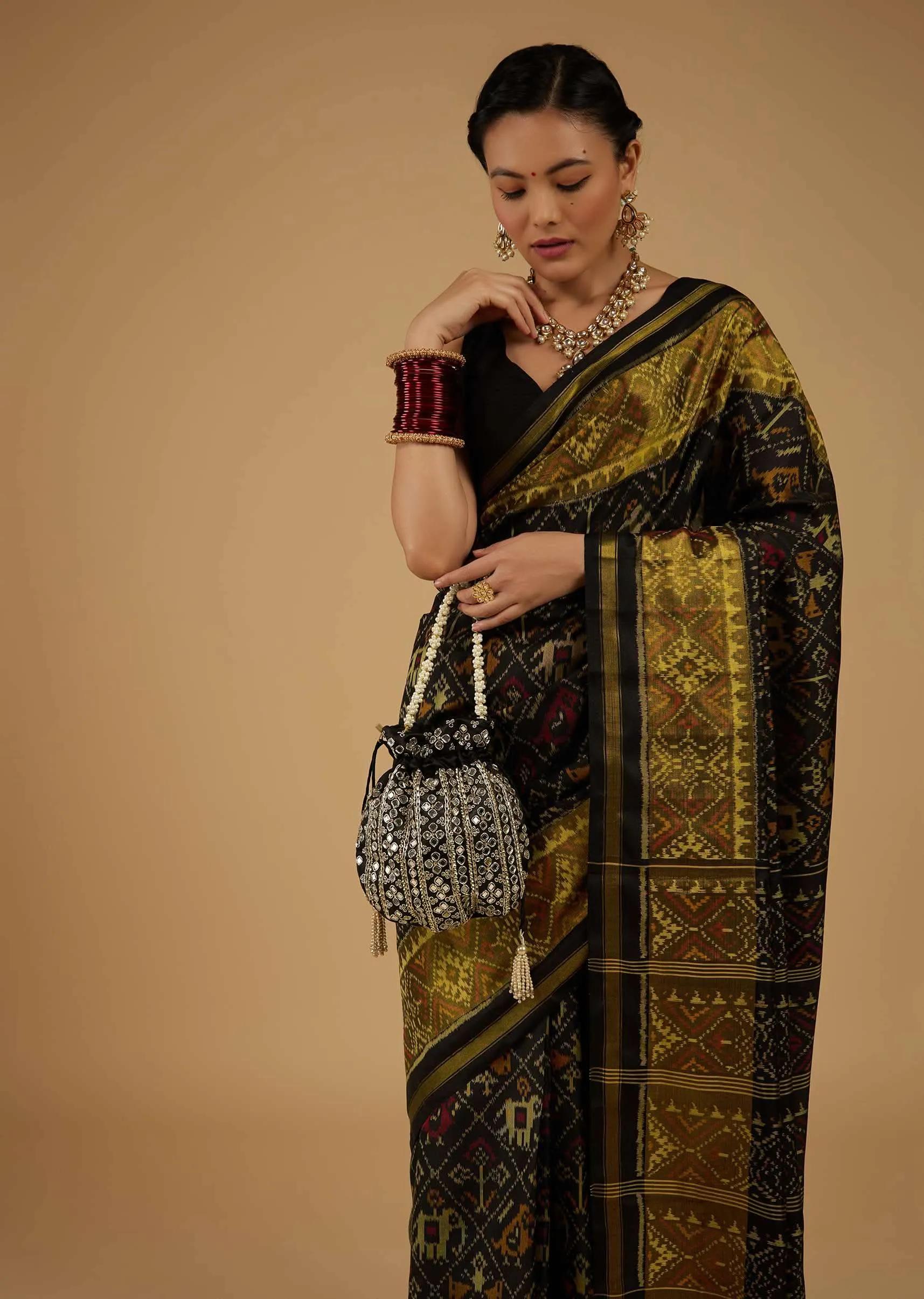 Bright Moss Green & Black Saree In Pure Silk Tissue With Ikat Weave & Zari Patola Work