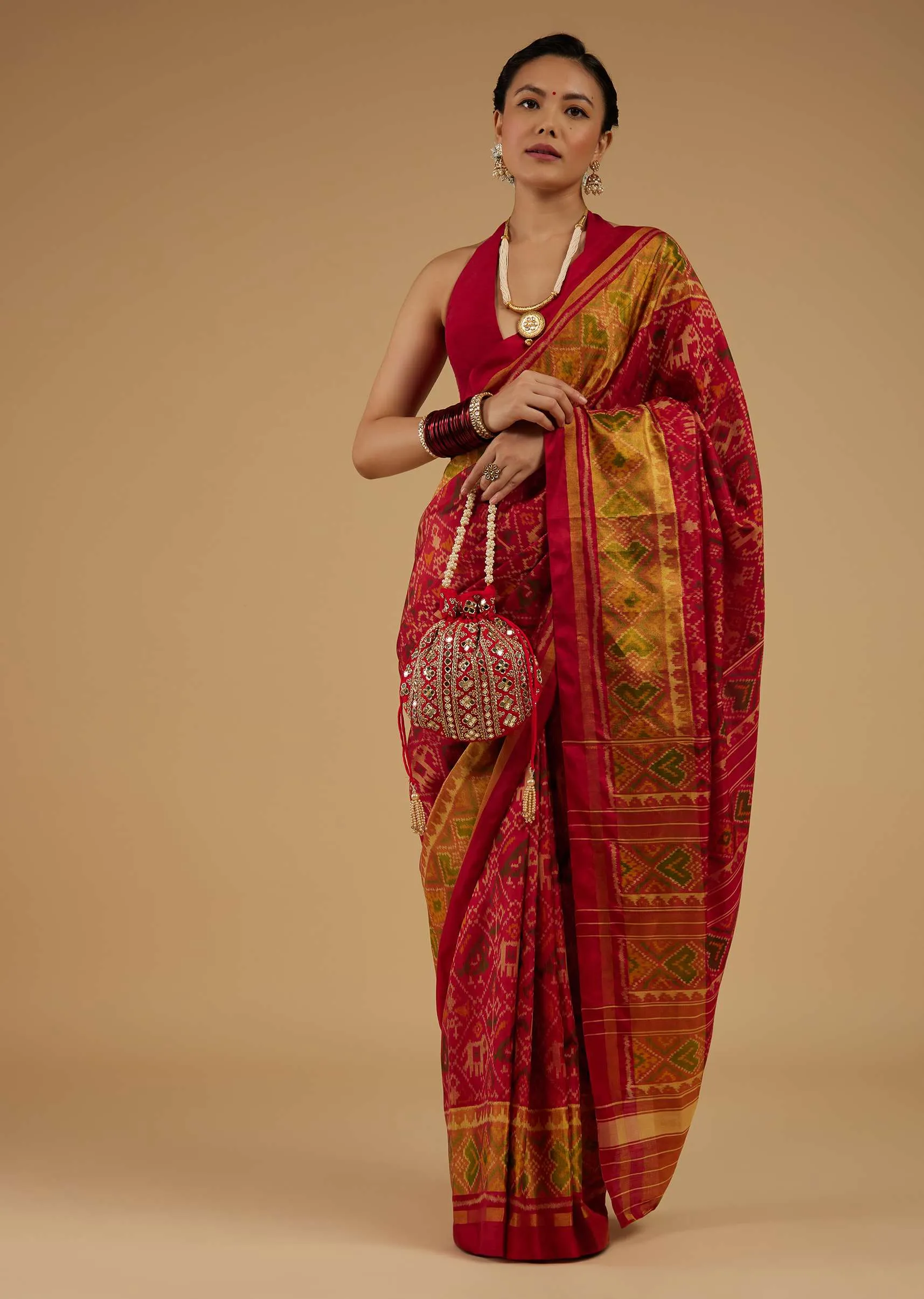 Cherry Red Saree In Silk With Ikat Weave Patola Work