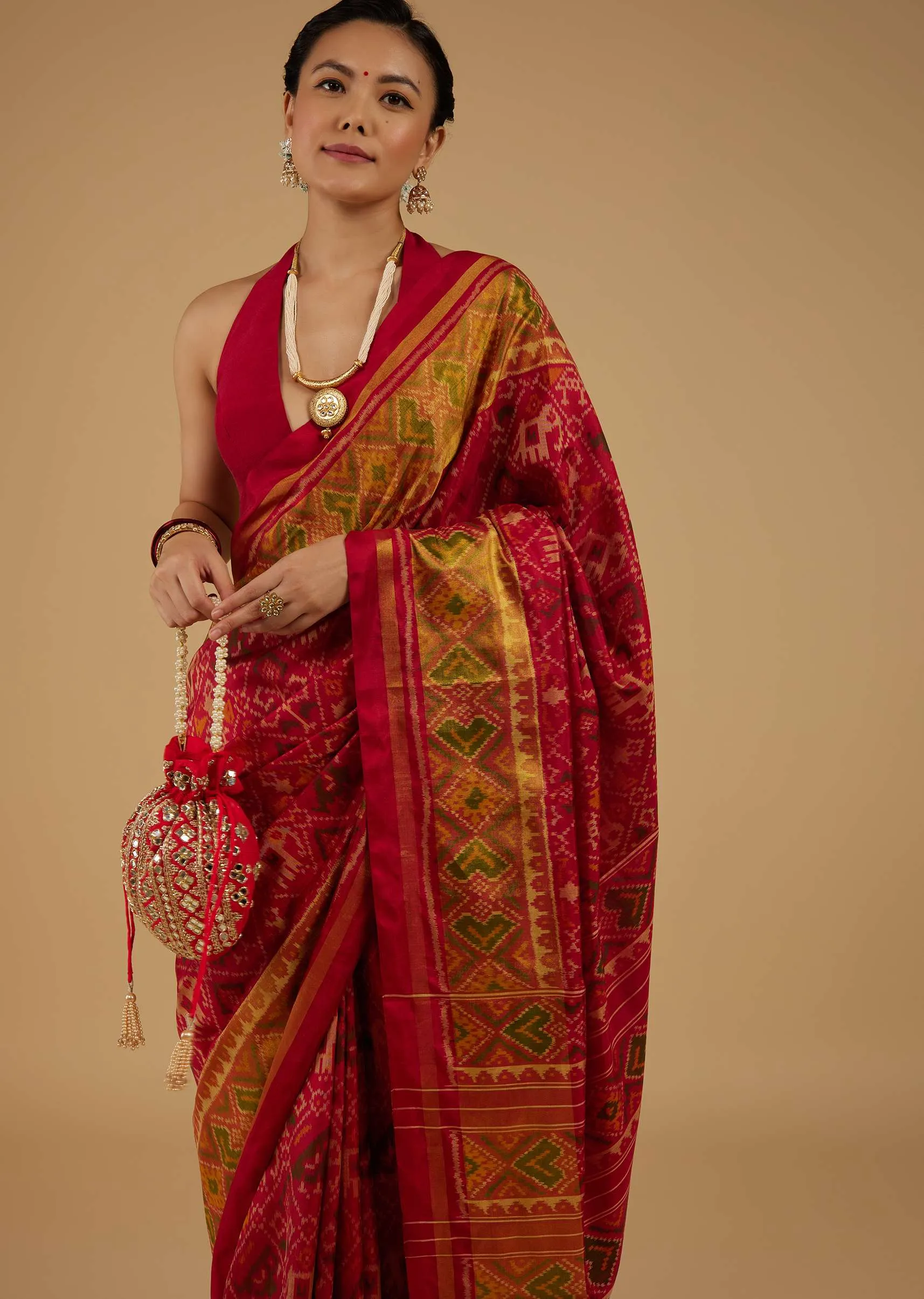 Cherry Red Saree In Silk With Ikat Weave Patola Work