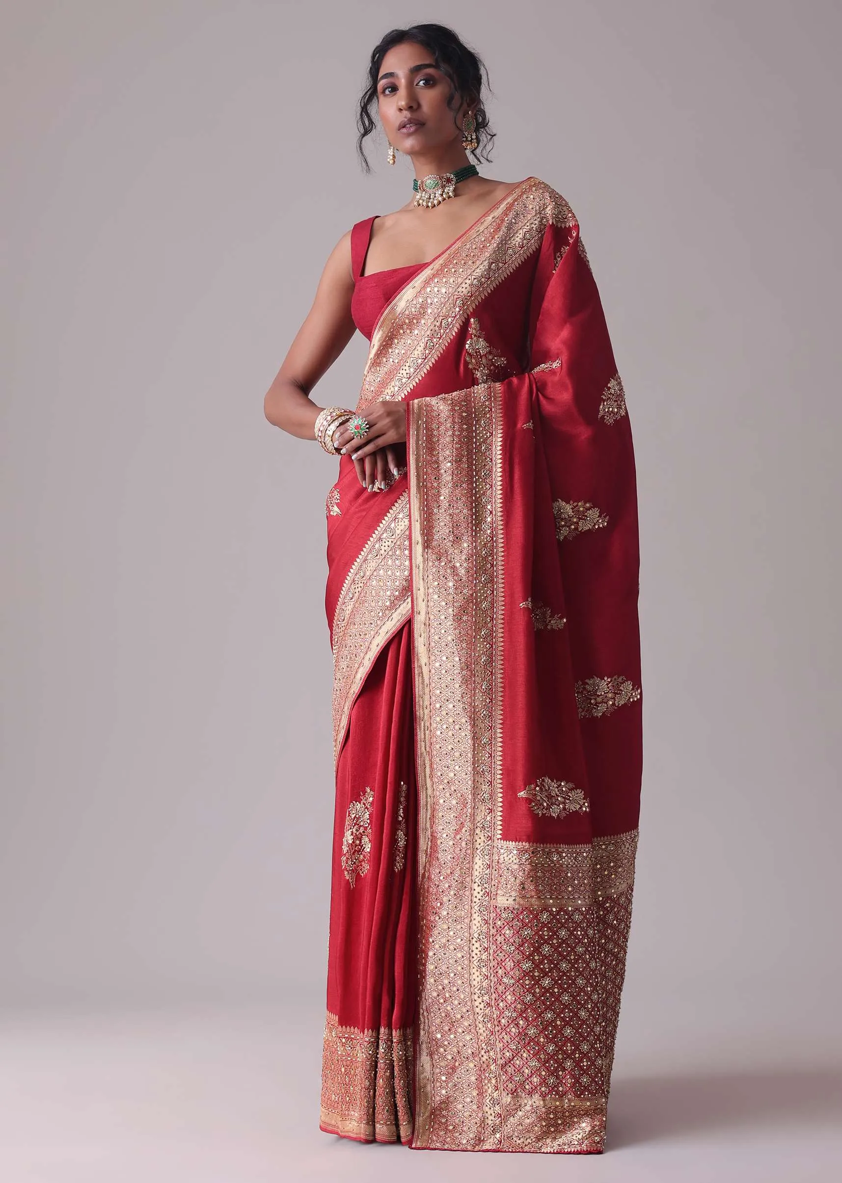 Chilli Pepper Red Embroidered Saree In Dola Silk