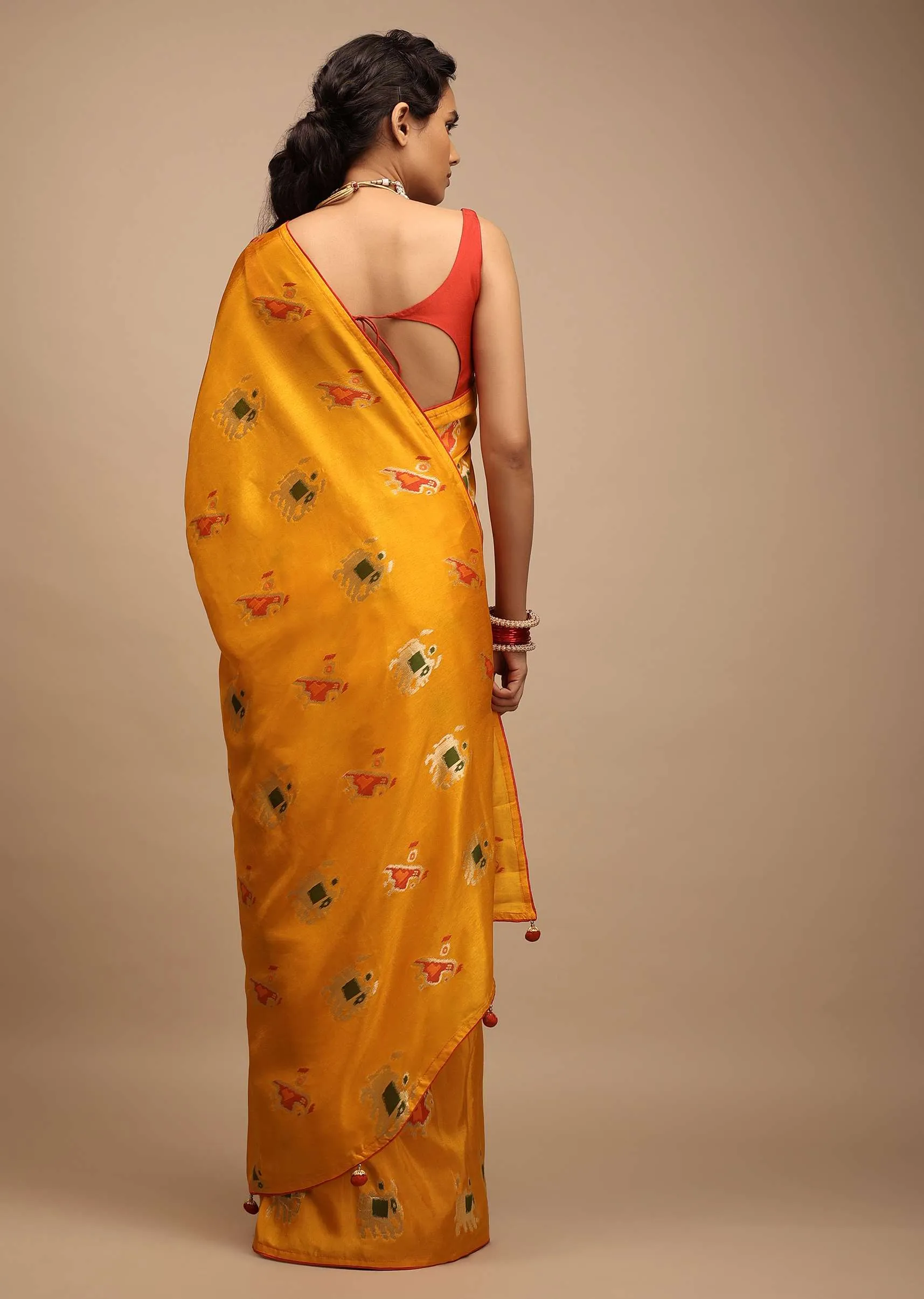 Chrome Saree In Dola Silk With Woven Patola Buttis And Red Unstitched Blouse