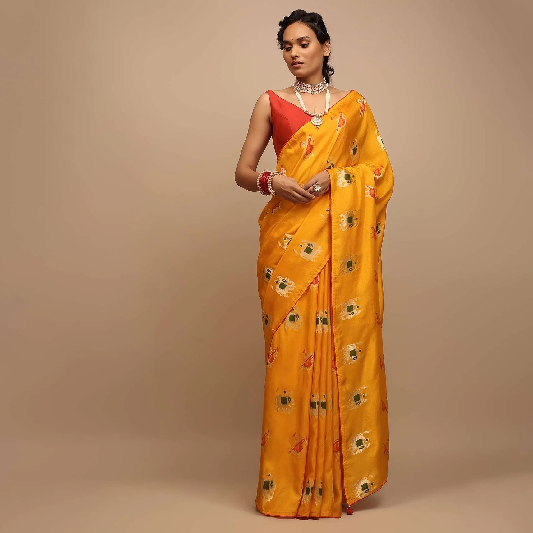 Chrome Saree In Dola Silk With Woven Patola Buttis And Red Unstitched Blouse