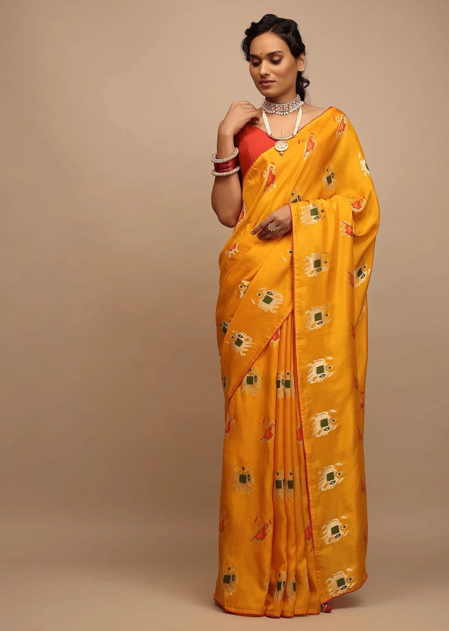 Chrome Saree In Dola Silk With Woven Patola Buttis And Red Unstitched Blouse