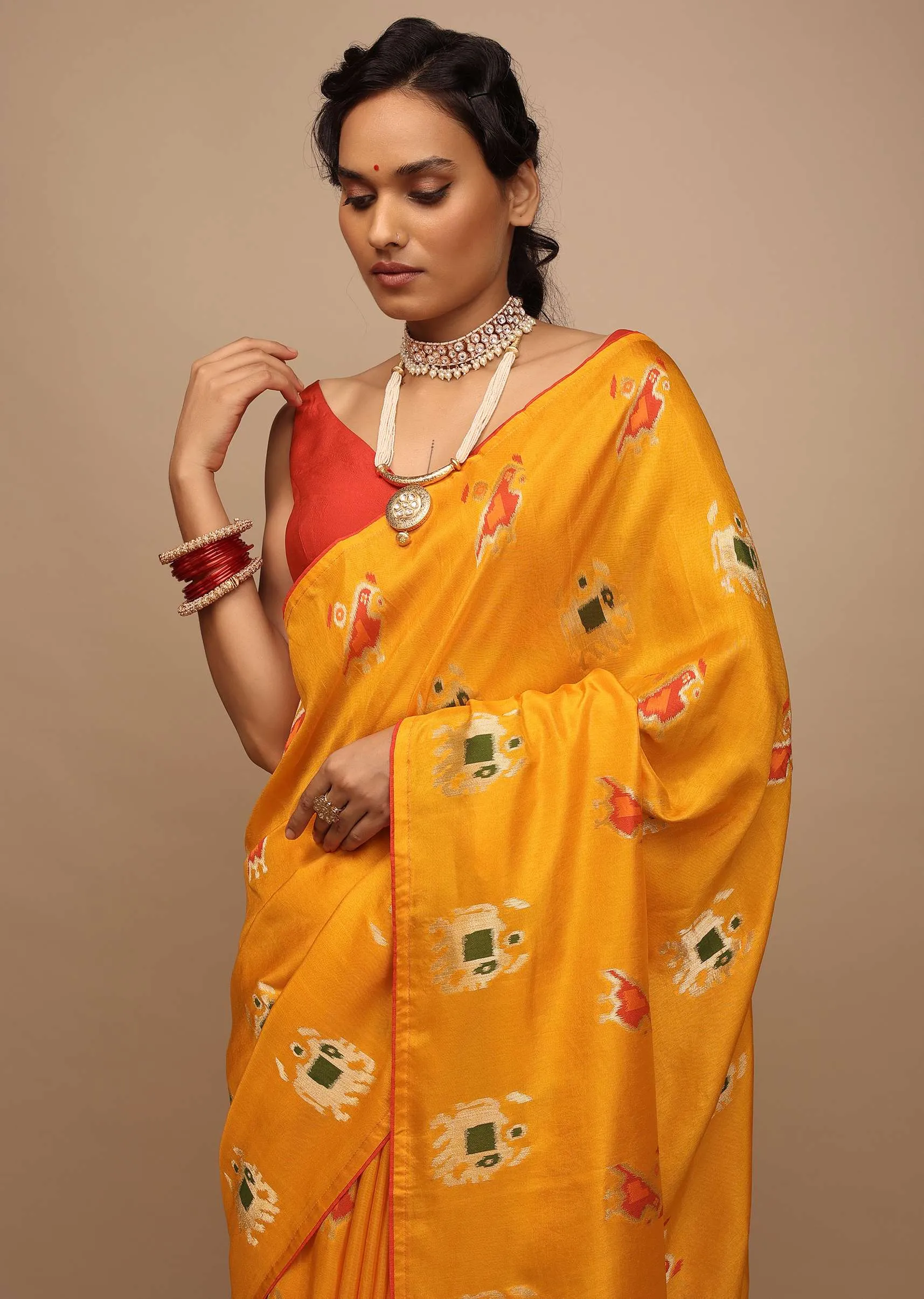 Chrome Saree In Dola Silk With Woven Patola Buttis And Red Unstitched Blouse