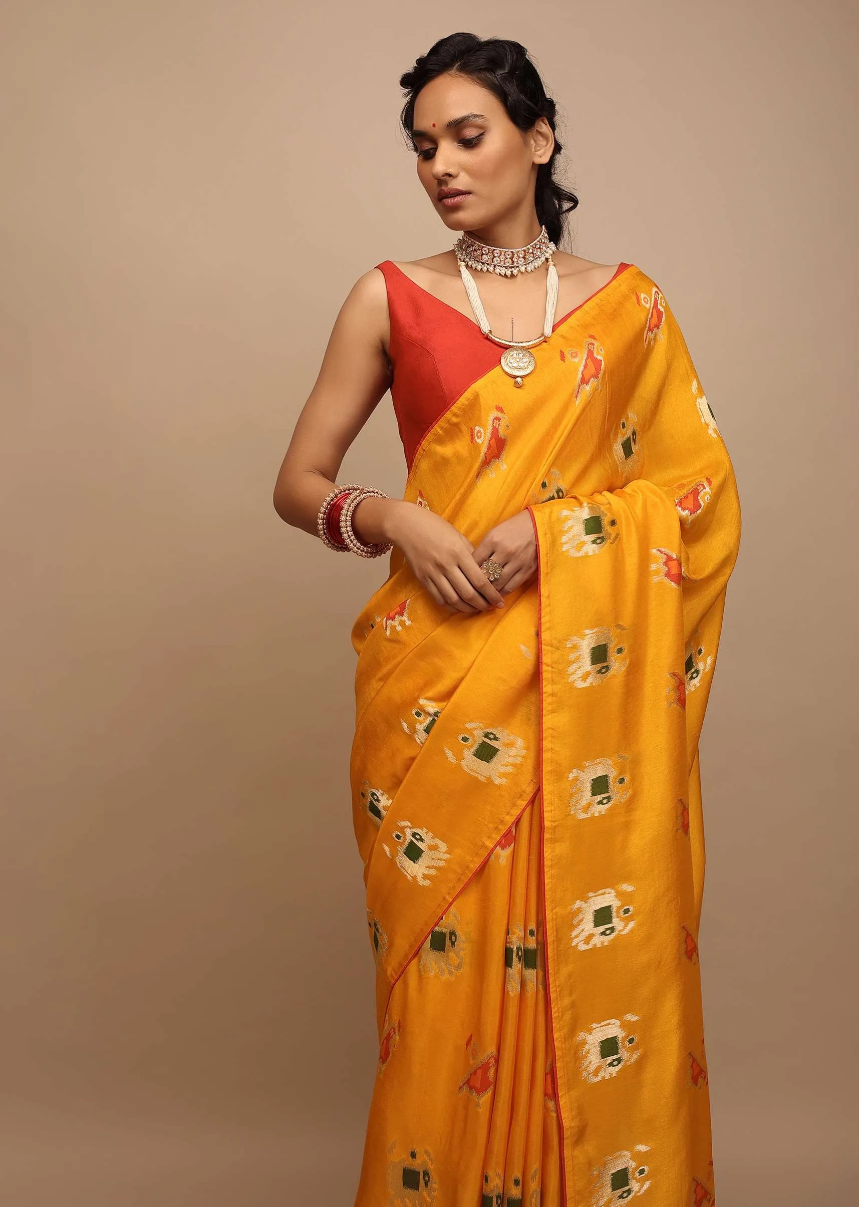 Chrome Saree In Dola Silk With Woven Patola Buttis And Red Unstitched Blouse
