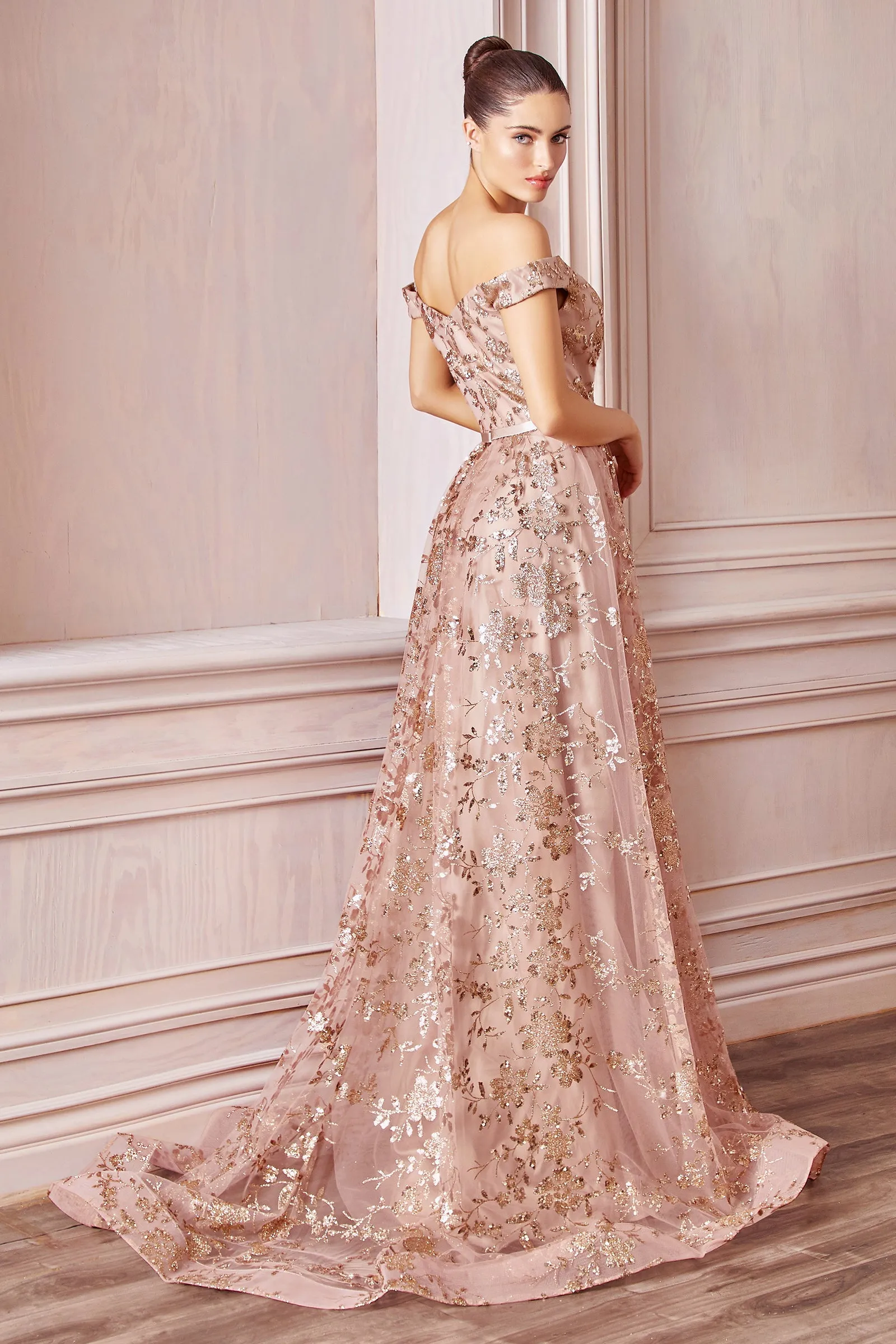 CINDERELLA DIVINE CB069 A-Line Glitter Print Off-Shoulder Gown