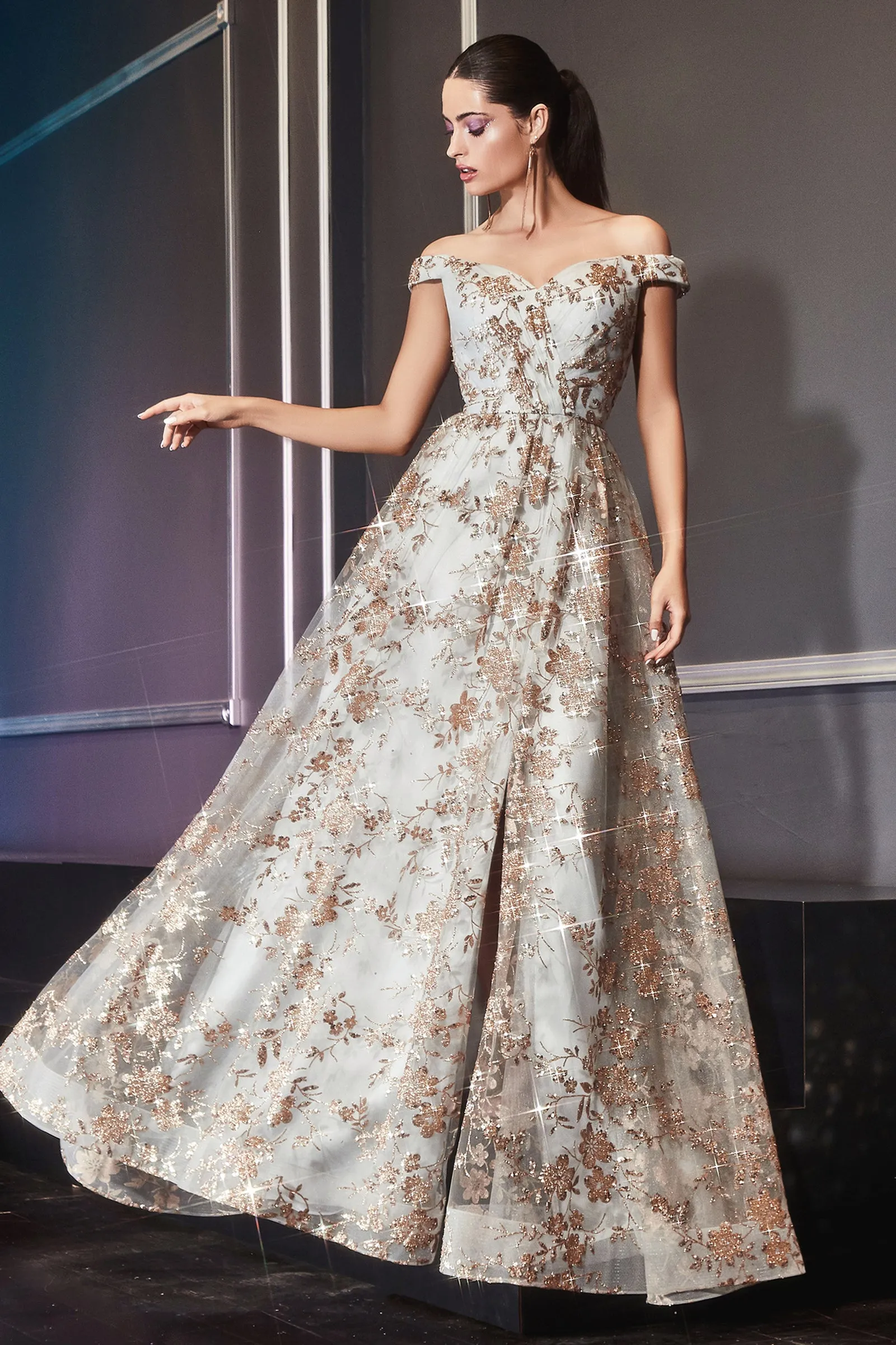 CINDERELLA DIVINE CB069 A-Line Glitter Print Off-Shoulder Gown
