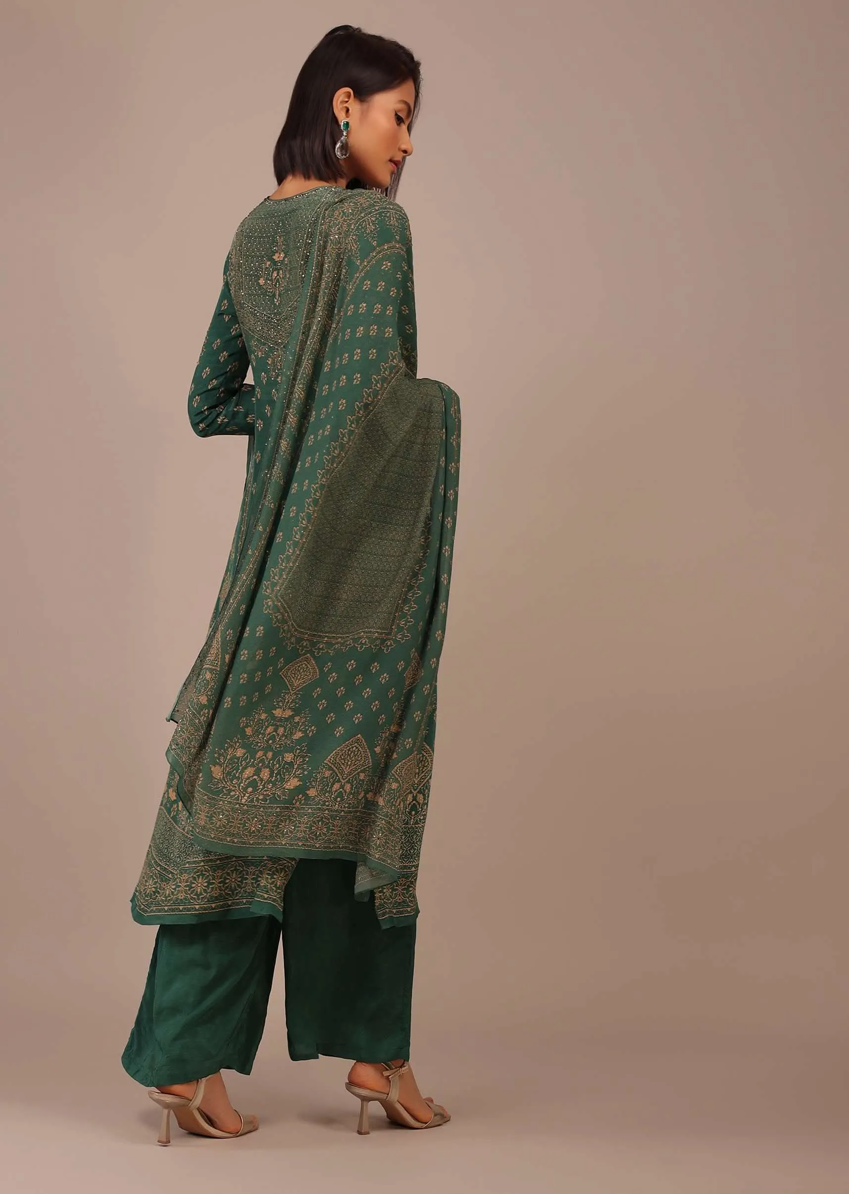 Deep Green Printed Palazzo Suit With Stonework In Crepe