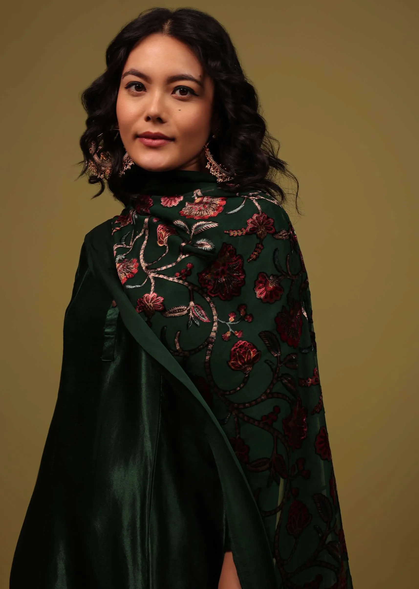Deep Palazzo Suit In Gajji Silk With A Beautiful Velvet Floral Embroidered Dupatta