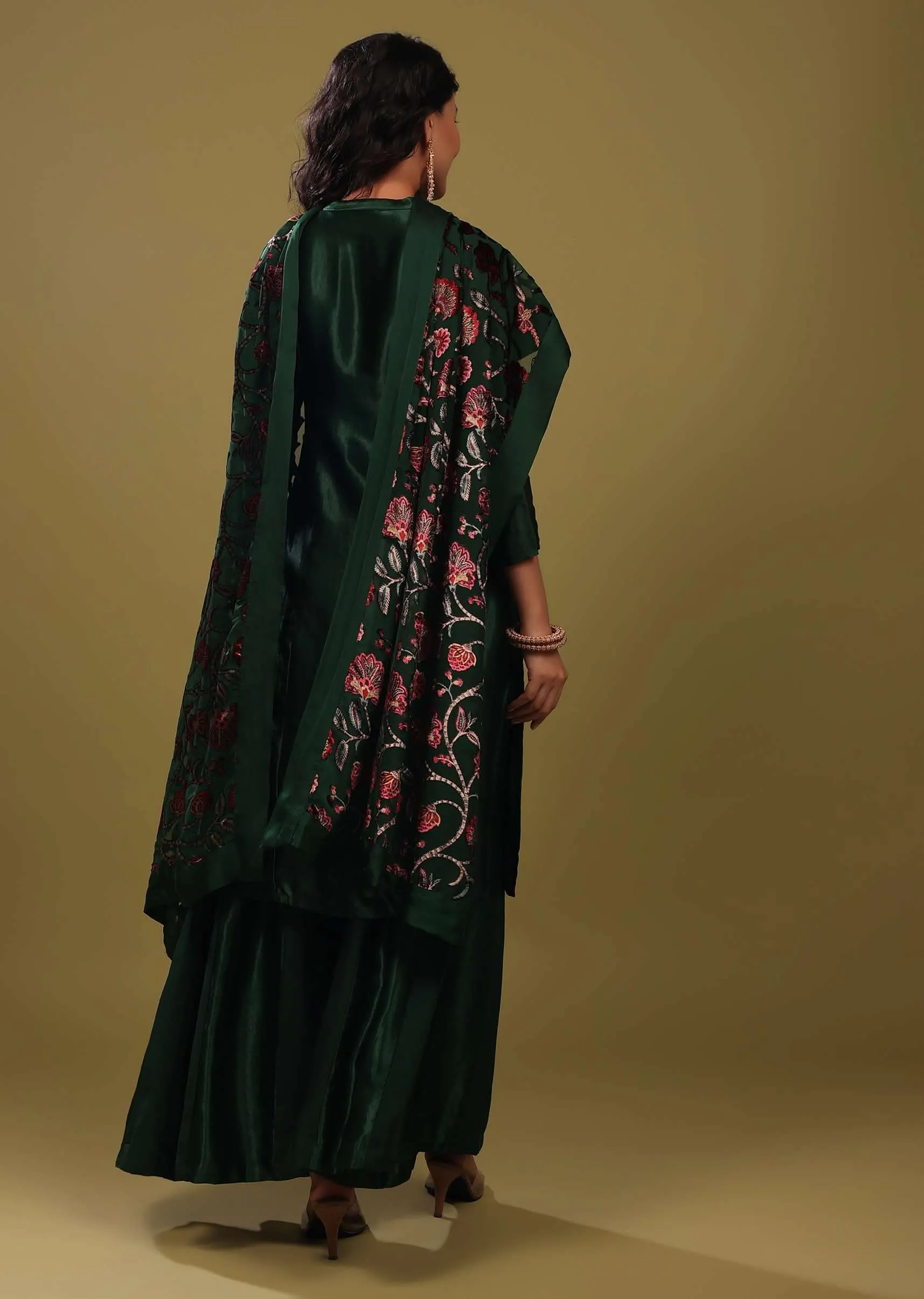 Deep Palazzo Suit In Gajji Silk With A Beautiful Velvet Floral Embroidered Dupatta