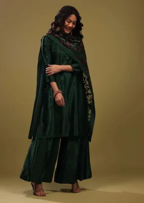 Deep Palazzo Suit In Gajji Silk With A Beautiful Velvet Floral Embroidered Dupatta