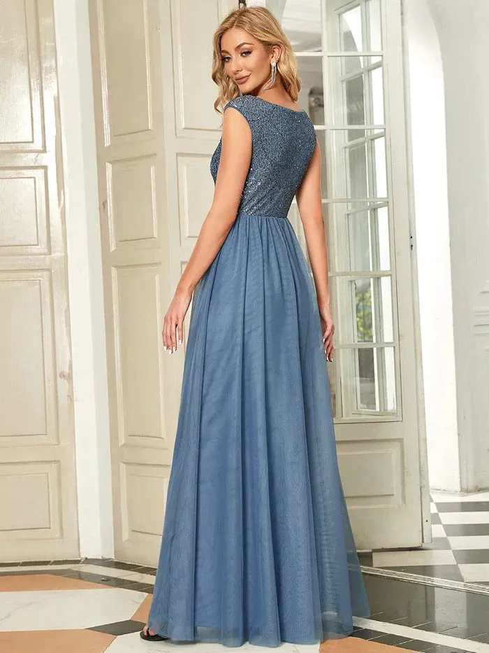 Deep V Neck Floor Length Sequin Prom Dresses for Women